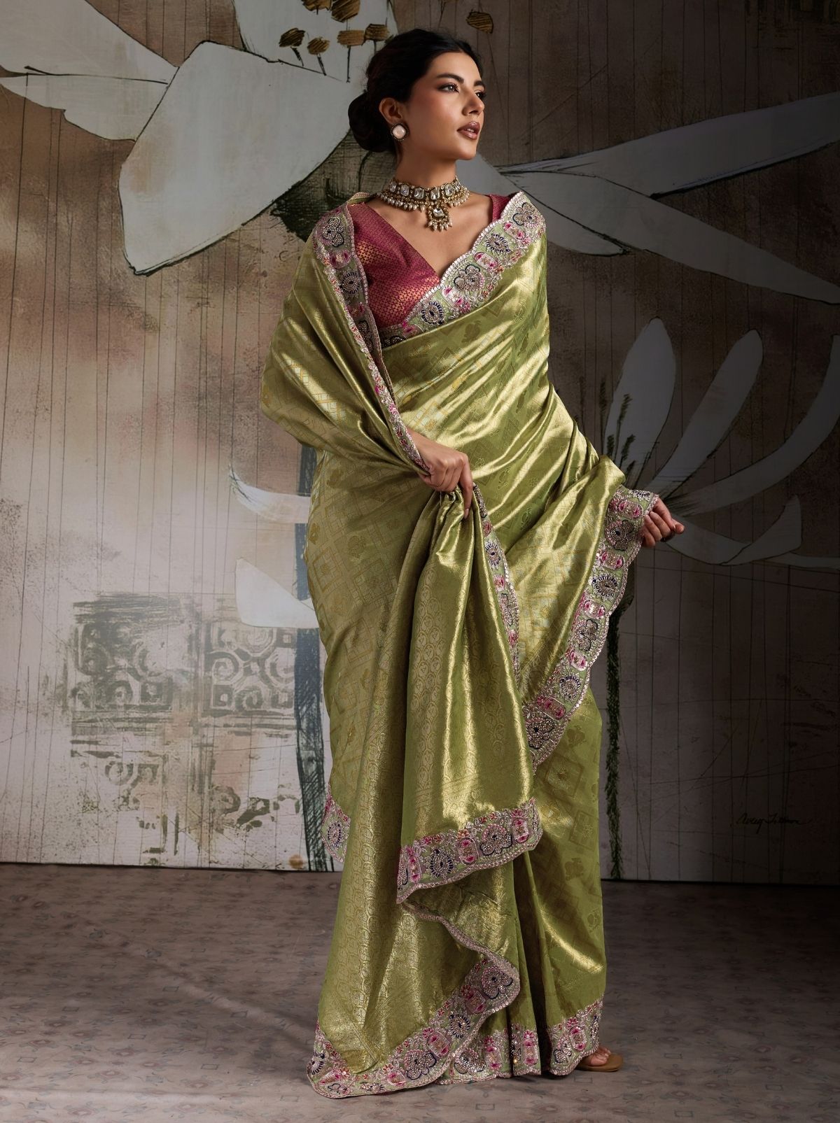 Apple Green Banarasi Silk Celebration Saree With Blouse Piece