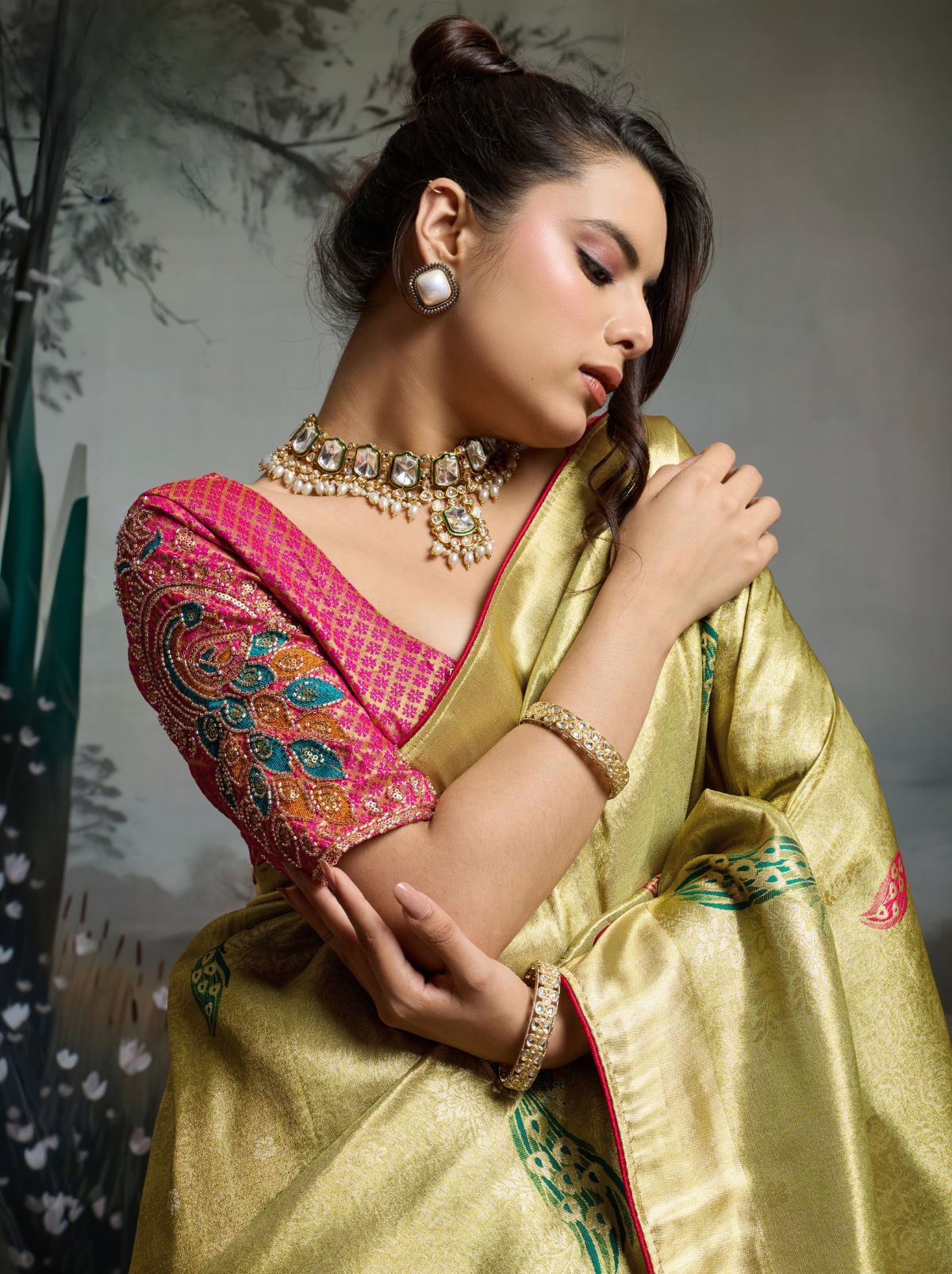 Tea Green Banarasi Silk Festive Saree With Embroidery Work
