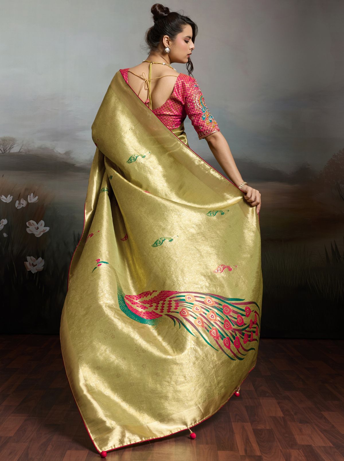 Tea Green Banarasi Silk Festive Saree With Embroidery Work