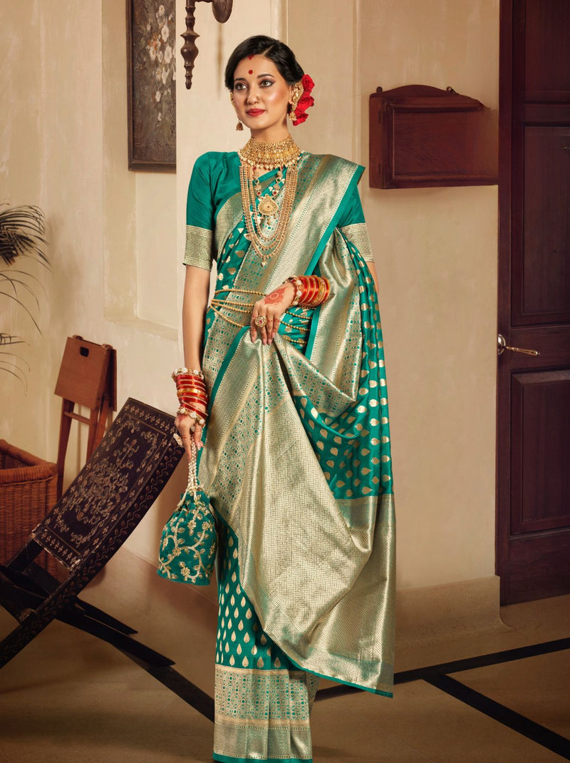 Jungle Green Premium Banarasi Designer Saree - TrendOye