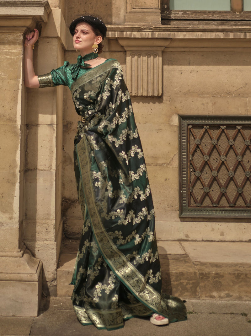 Sacramento Green Designer Satin Silk Blended Saree - TrendOye