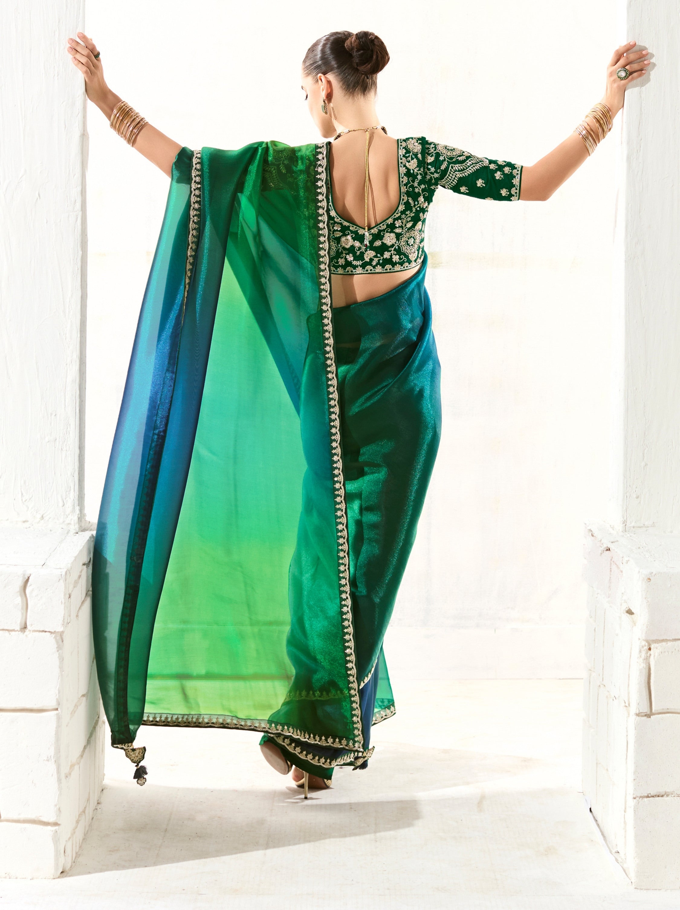 Forest Green Organza Premium Ethnic Designer Saree With Blouse Piece