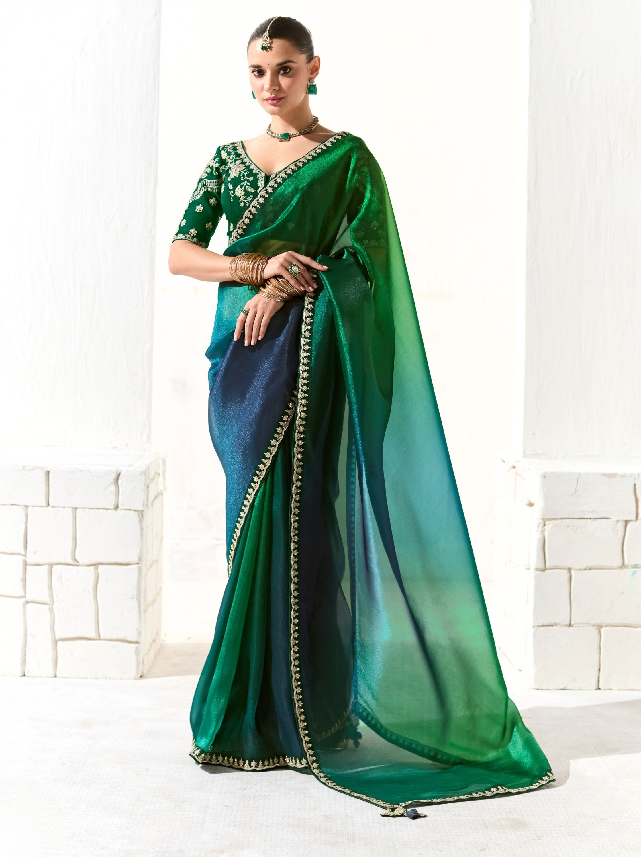Forest Green Organza Premium Ethnic Designer Saree With Blouse Piece