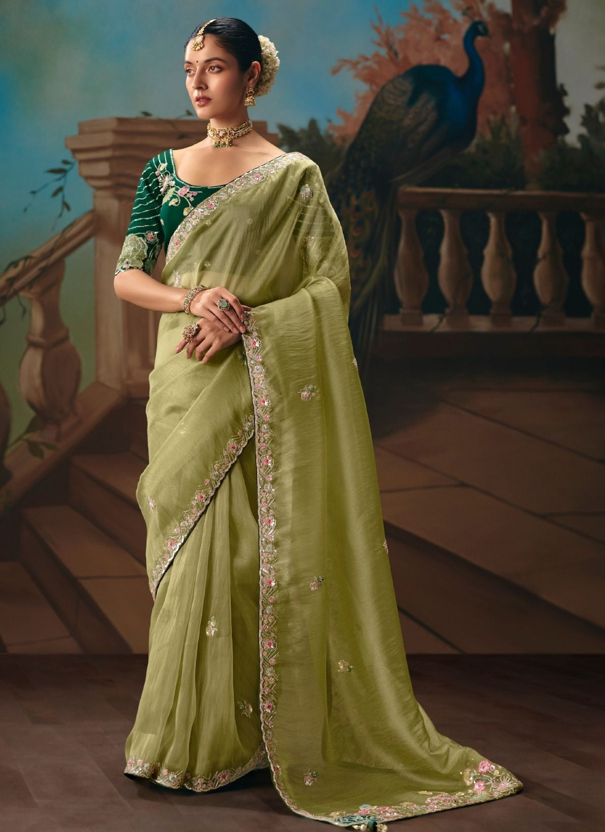 Sage Green Celebration Fancy Saree With Premium Blouse Piece - TrendOye