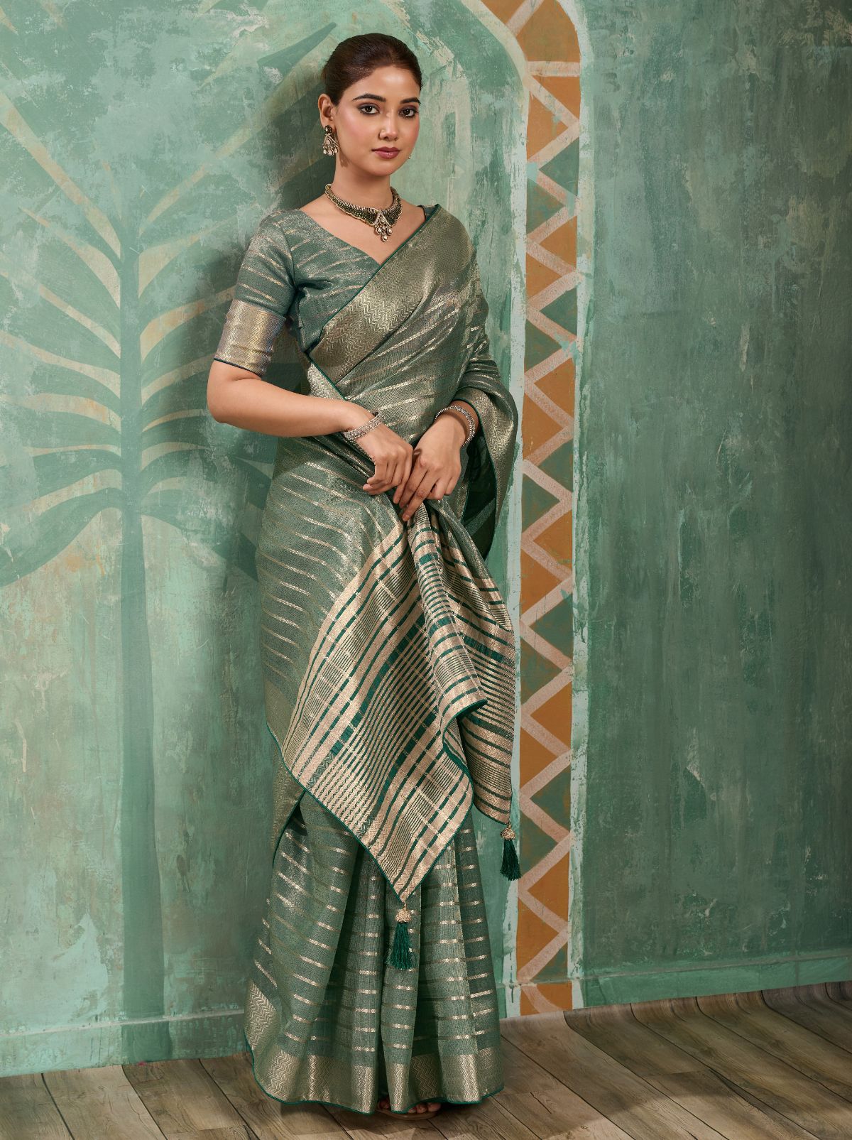 Basil Green Cotton Tissue Saree with Soft Gold Zari Woven