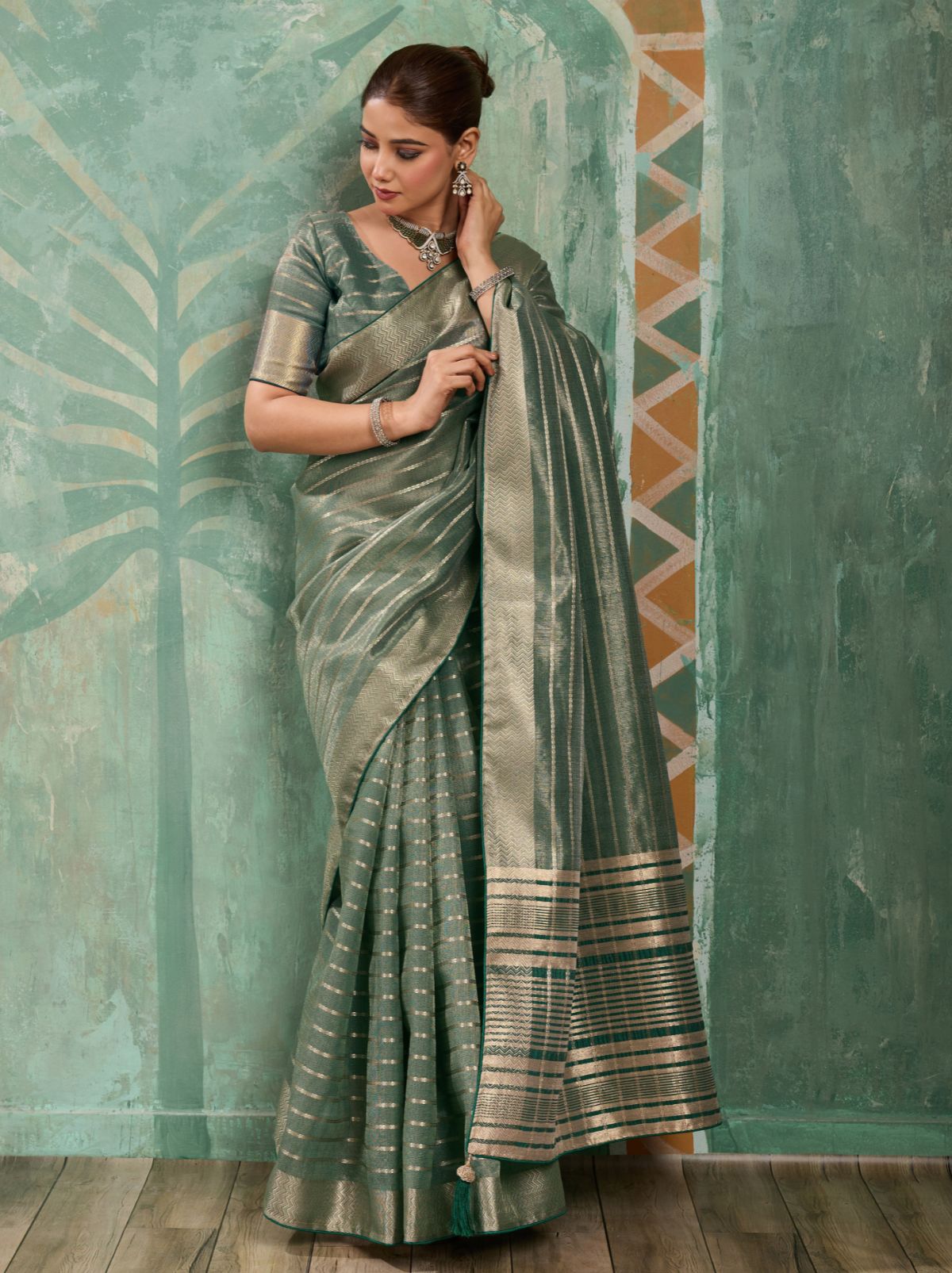 Basil Green Cotton Tissue Saree with Soft Gold Zari Woven