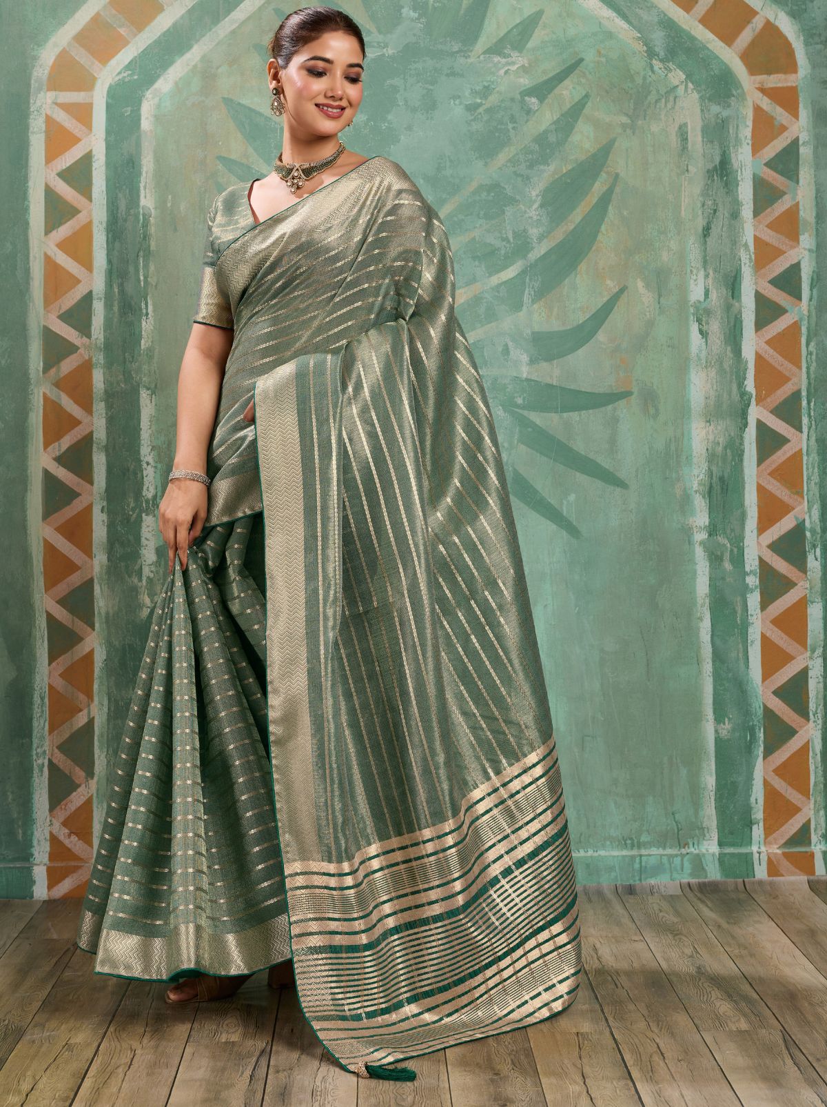 Basil Green Cotton Tissue Saree with Soft Gold Zari Woven