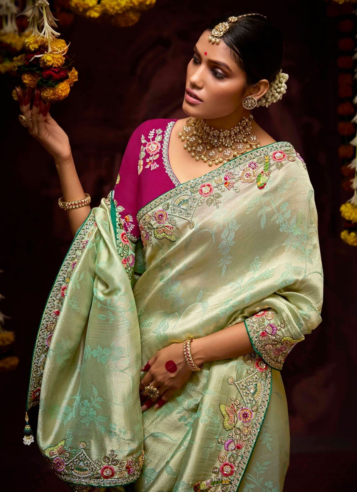 Pastel Green Designer Banarasi Kanjivaram Silk Saree for Wedding - TrendOye