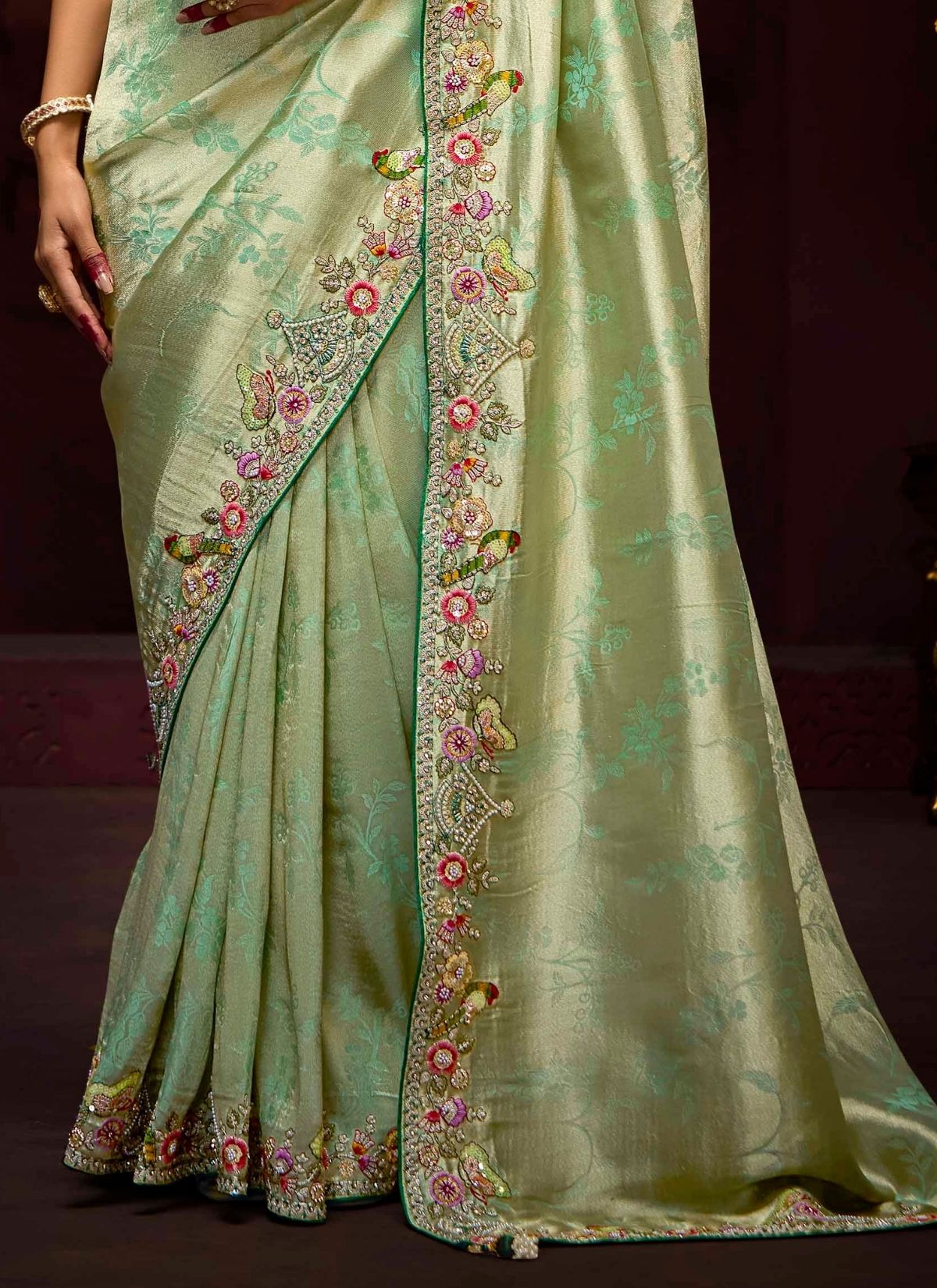 Pastel Green Designer Banarasi Kanjivaram Silk Saree for Wedding - TrendOye