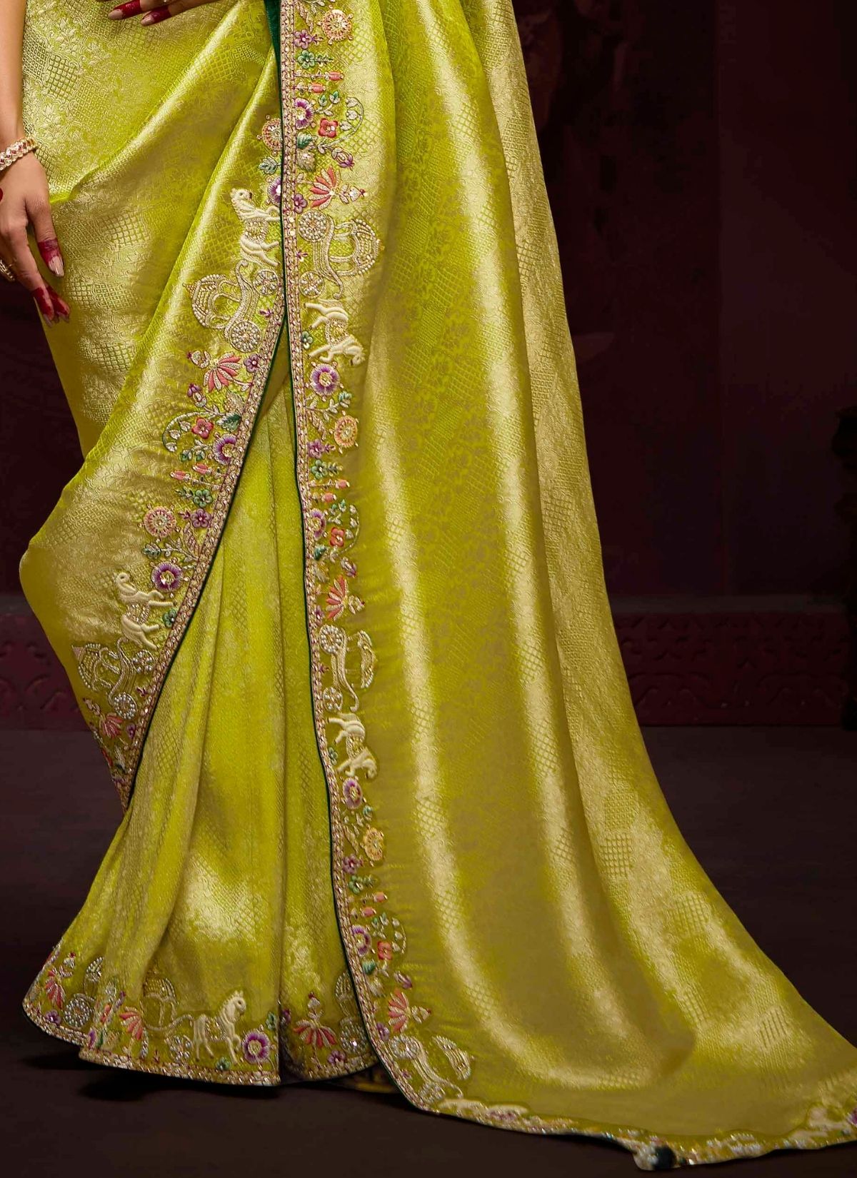Apple Green Designer Banarasi Kanjivaram Silk Saree for Wedding - TrendOye
