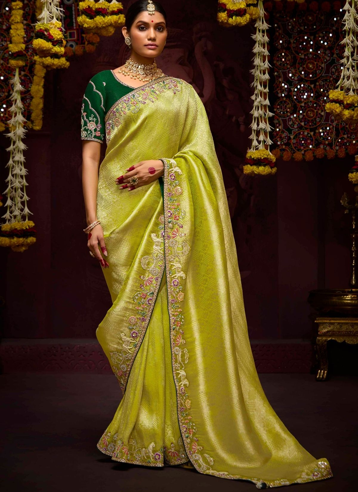 Apple Green Designer Banarasi Kanjivaram Silk Saree for Wedding - TrendOye