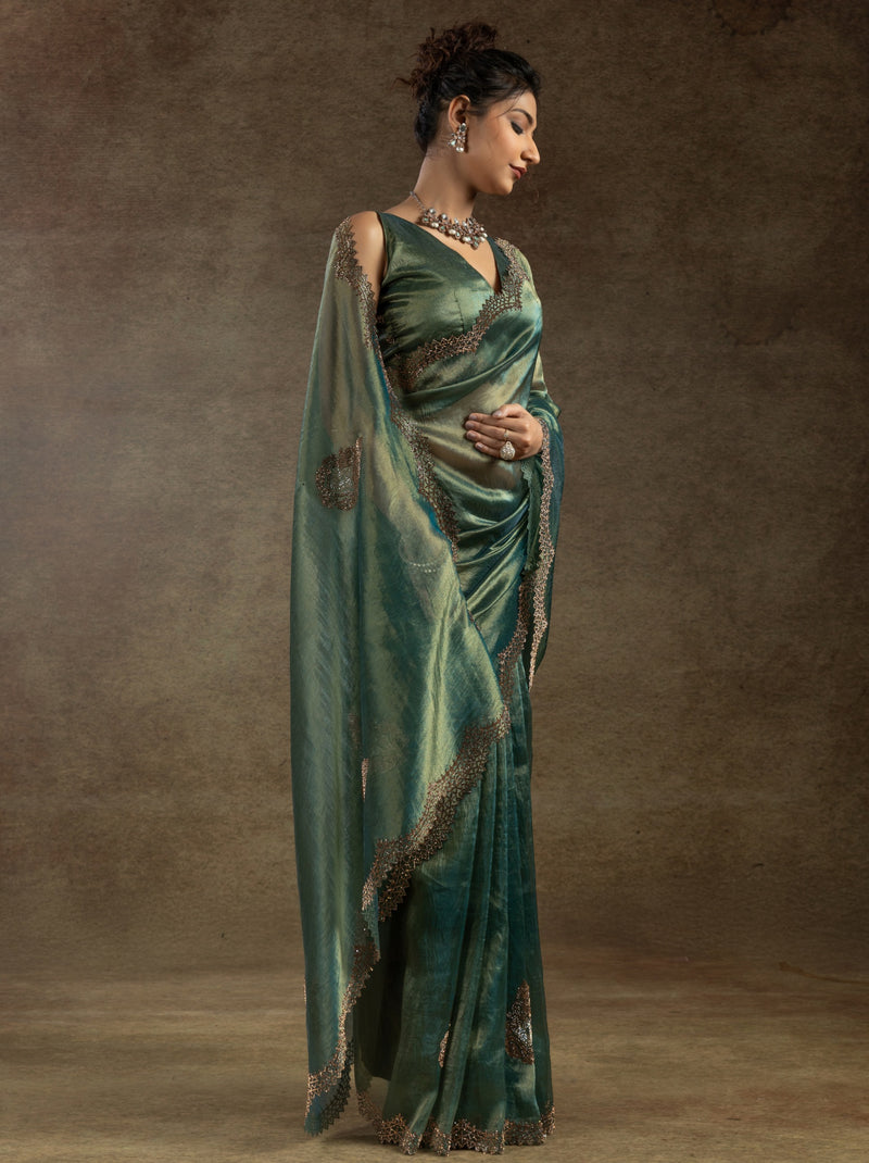 Hunter Green Designer Banarasi Silk Saree With Zircon Work