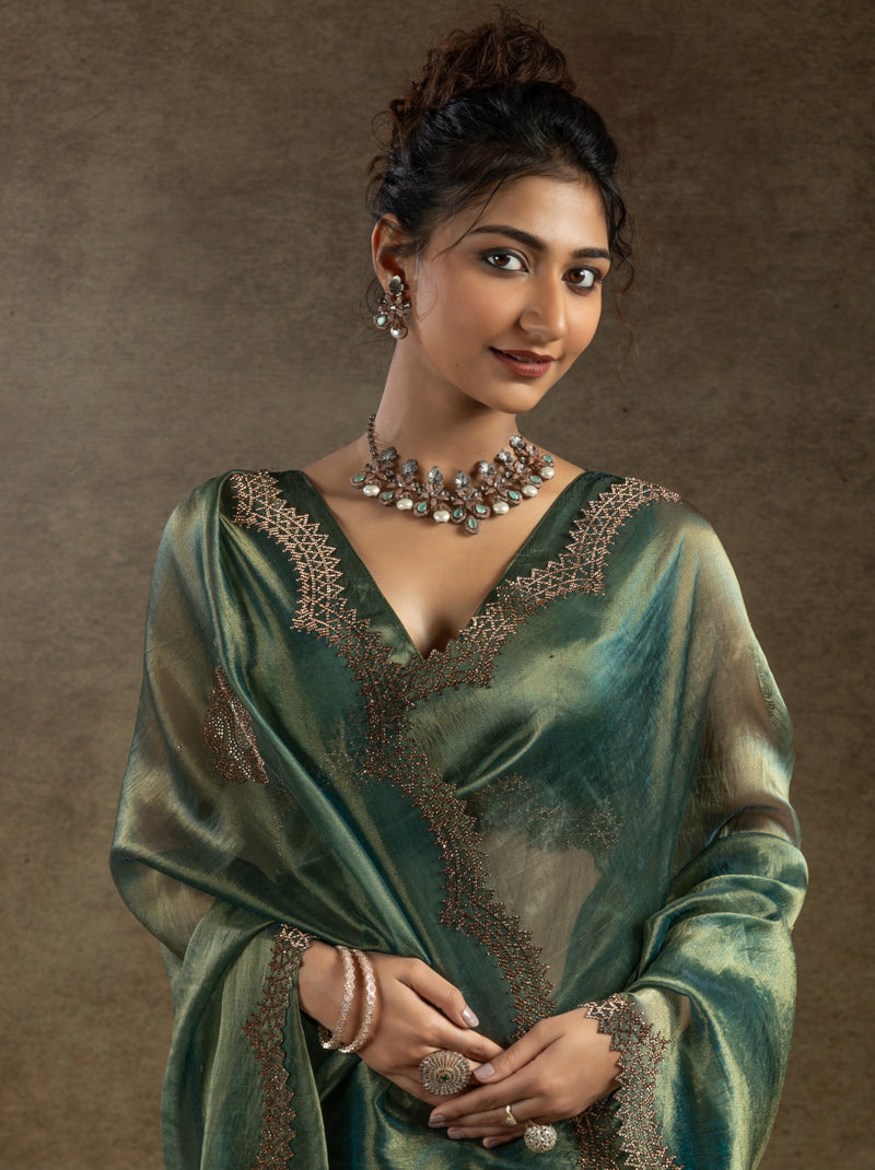 Hunter Green Designer Banarasi Silk Saree With Zircon Work