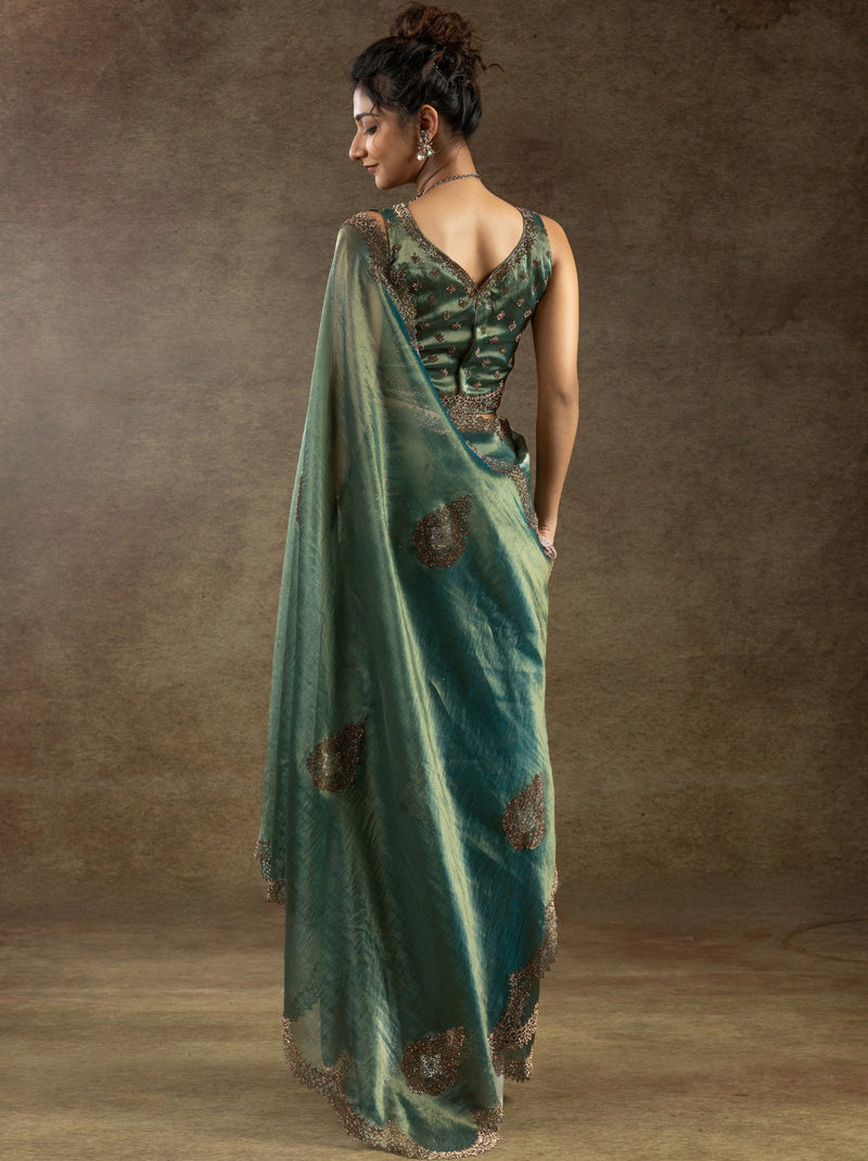 Hunter Green Designer Banarasi Silk Saree With Zircon Work