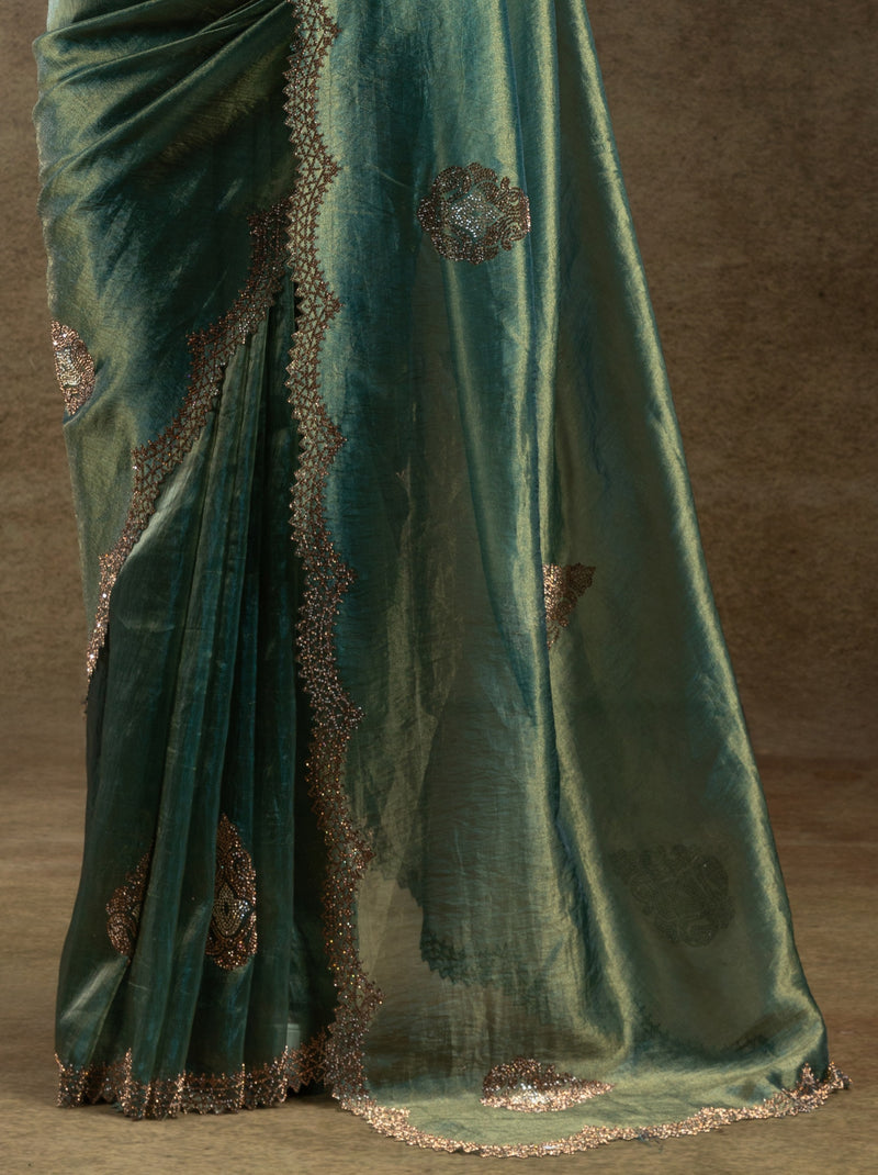 Hunter Green Designer Banarasi Silk Saree With Zircon Work
