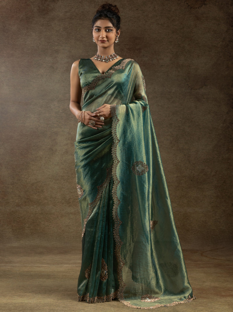 Hunter Green Designer Banarasi Silk Saree With Zircon Work
