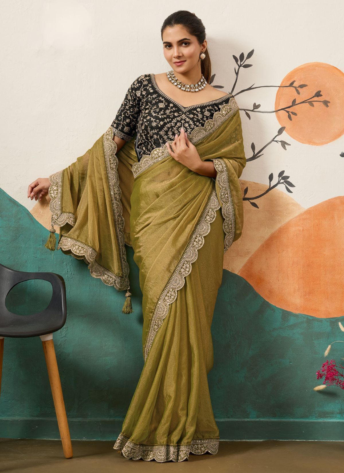 Rust Golden Designer Festive saree With Zari Work - TrendOye
