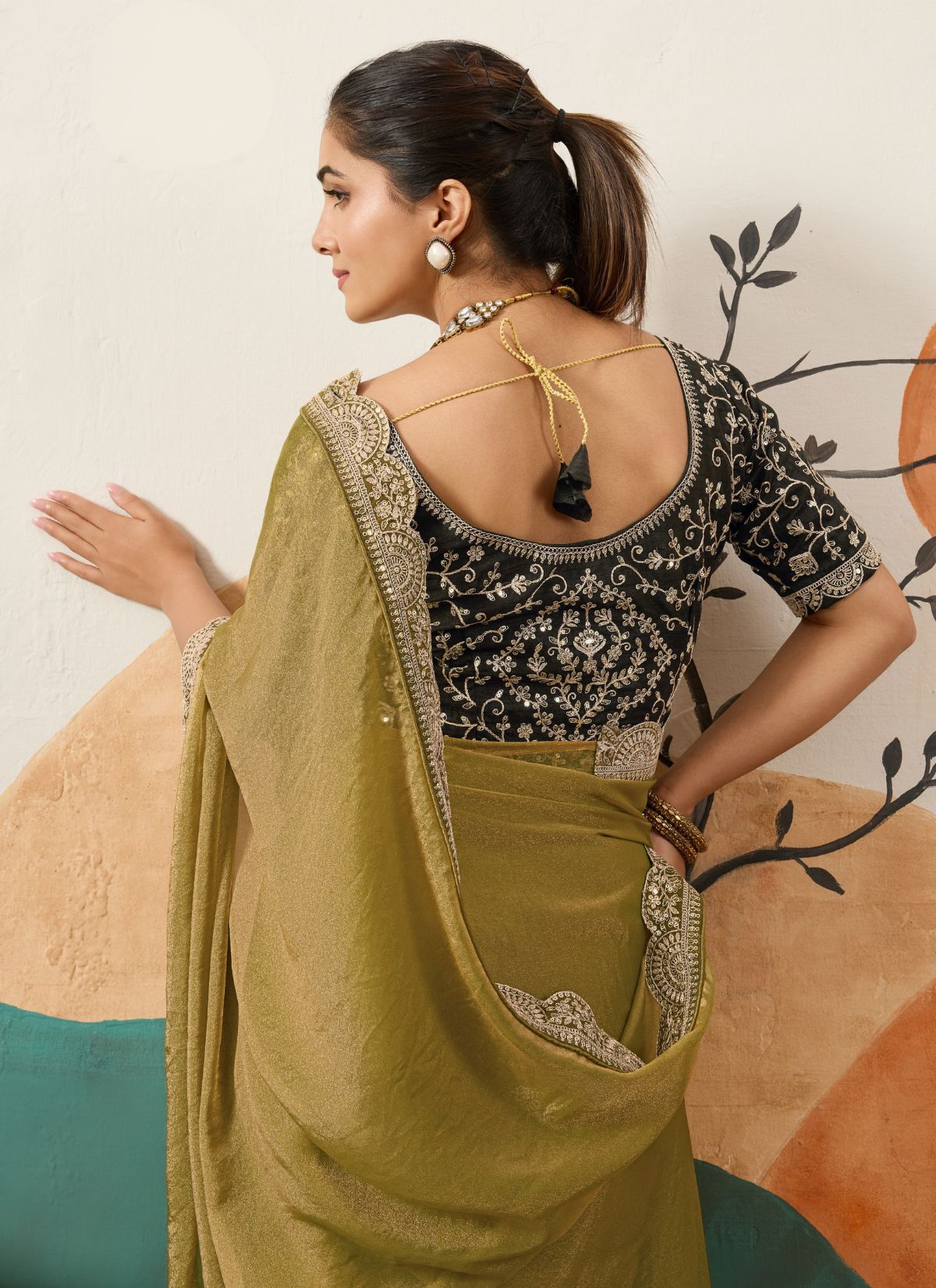 Rust Golden Designer Festive saree With Zari Work - TrendOye