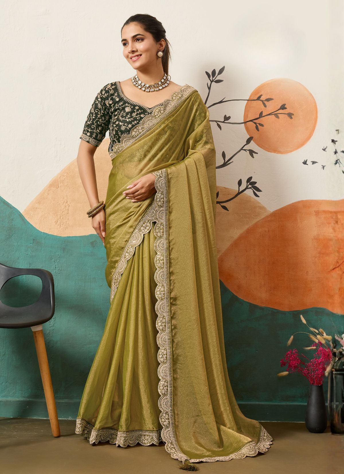 Rust Golden Designer Festive saree With Zari Work - TrendOye