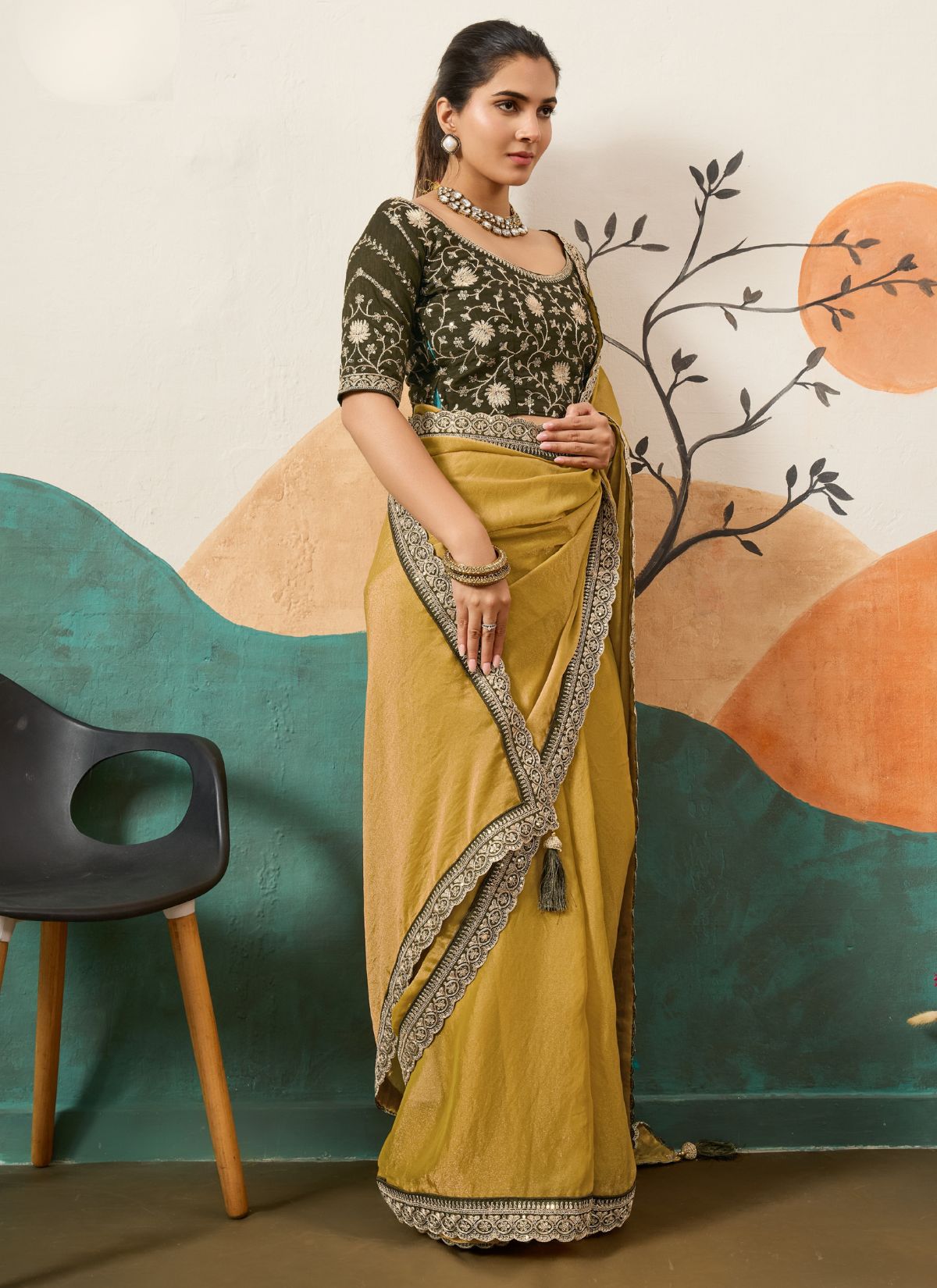Olive Green Designer Festive saree With Zari Work - TrendOye