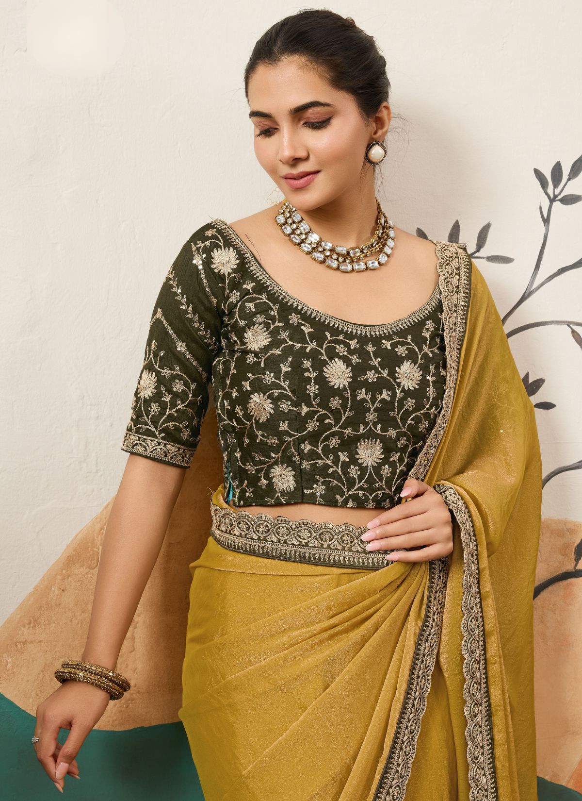 Olive Green Designer Festive saree With Zari Work - TrendOye