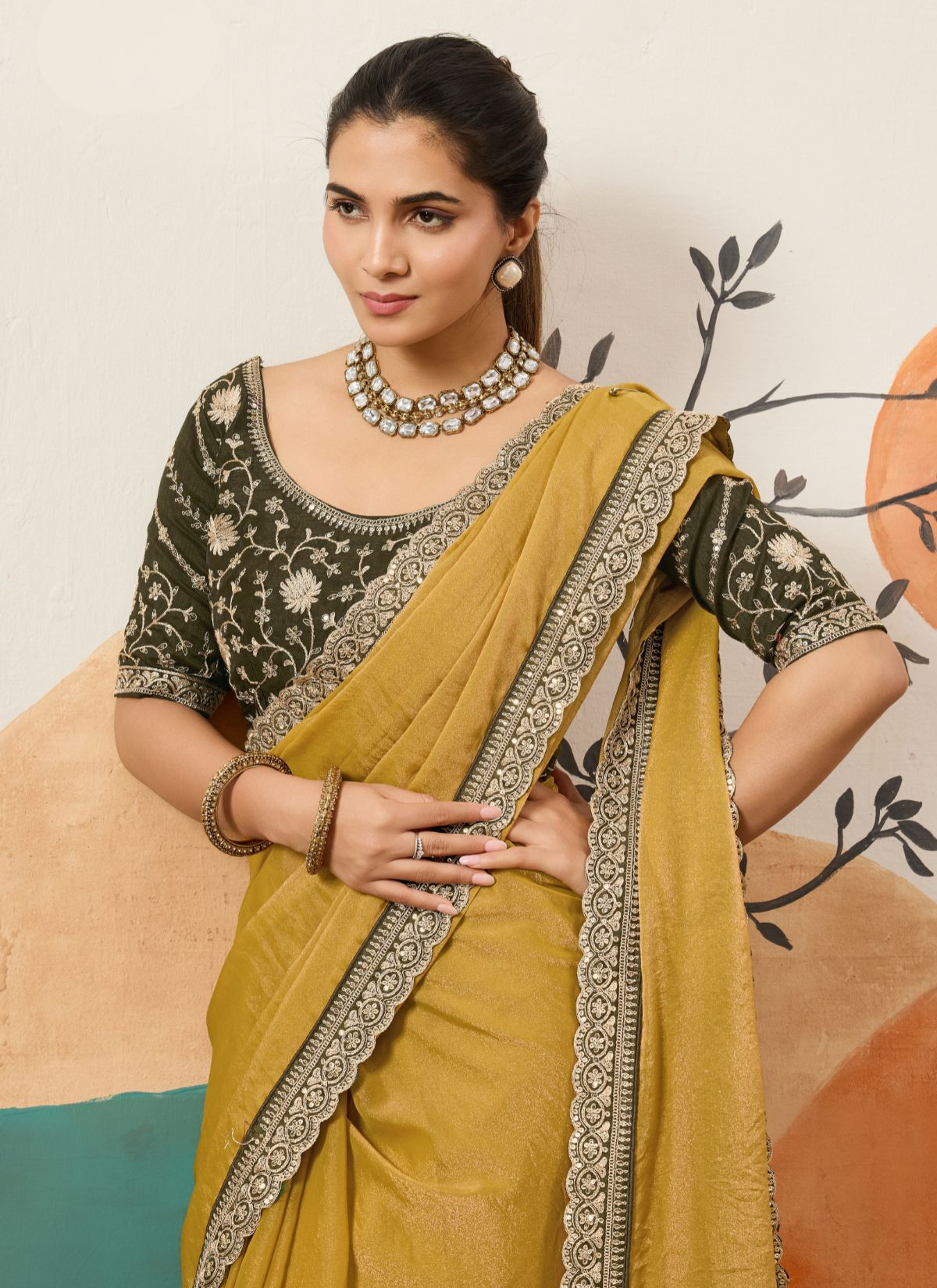 Olive Green Designer Festive saree With Zari Work - TrendOye