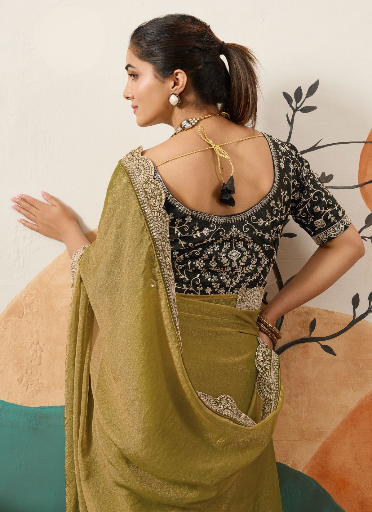 Olive Green Designer Festive saree With Zari Work - TrendOye