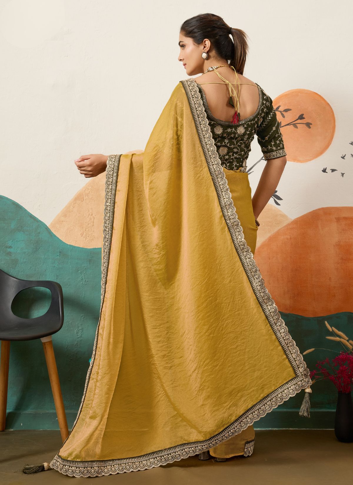 Olive Green Designer Festive saree With Zari Work - TrendOye