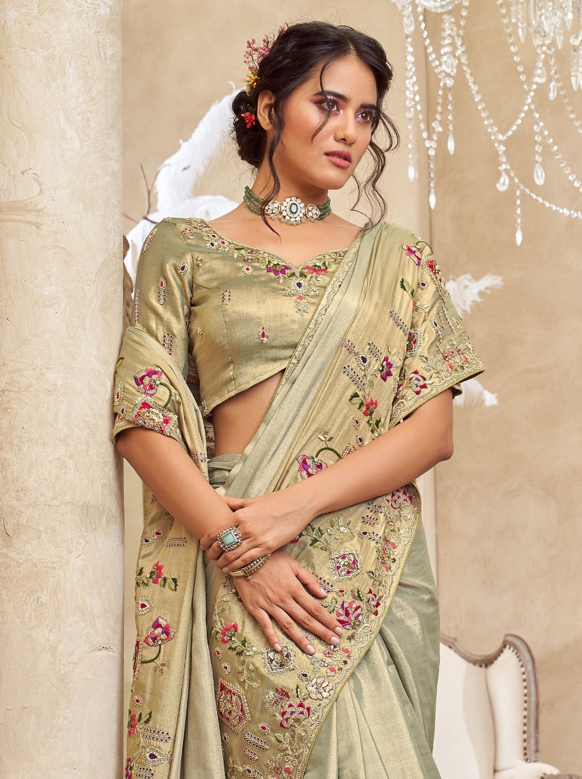 Pista Green Designer Luxury Fine Silk Saree With Heavy Work