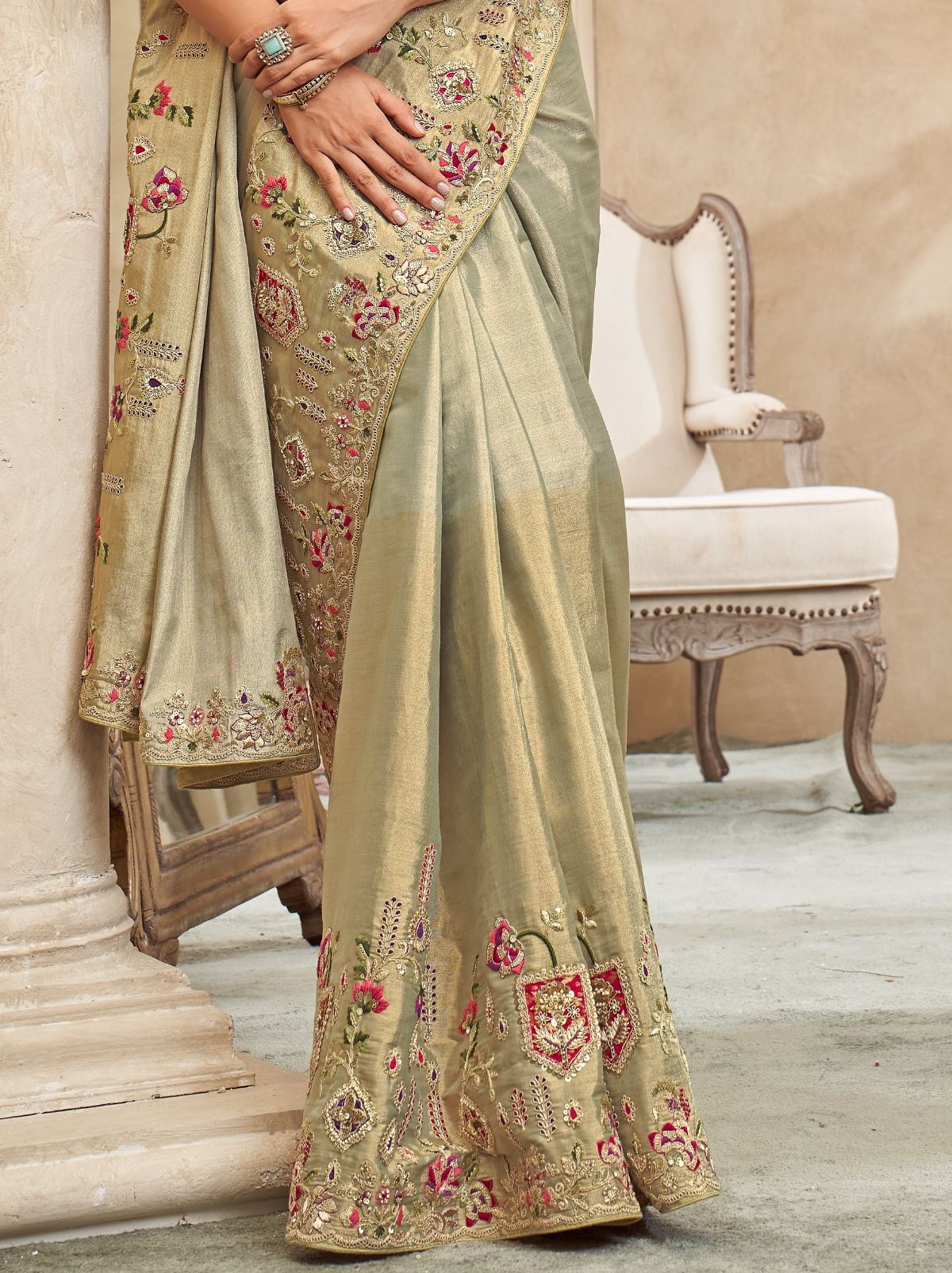 Pista Green Designer Luxury Fine Silk Saree With Heavy Work