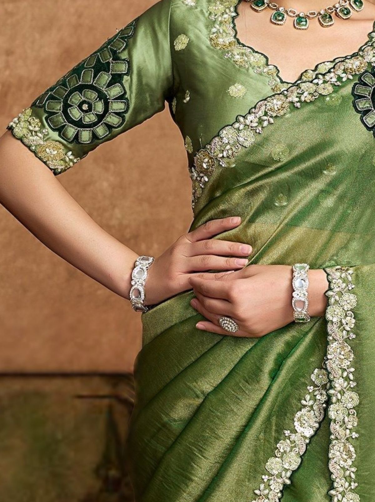 Moss Green Designer Party Wear Saree With Blouse Piece