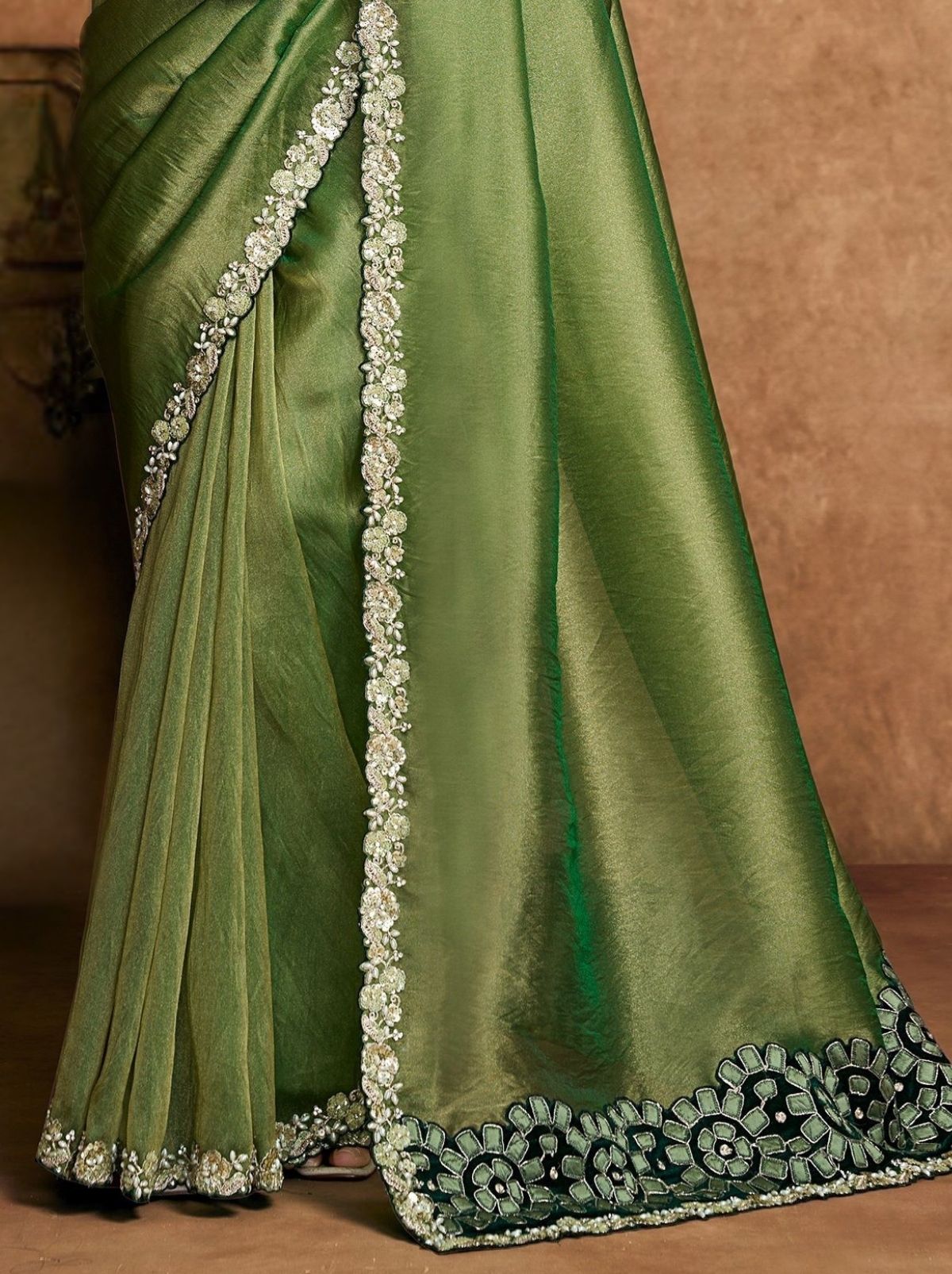 Moss Green Designer Party Wear Saree With Blouse Piece