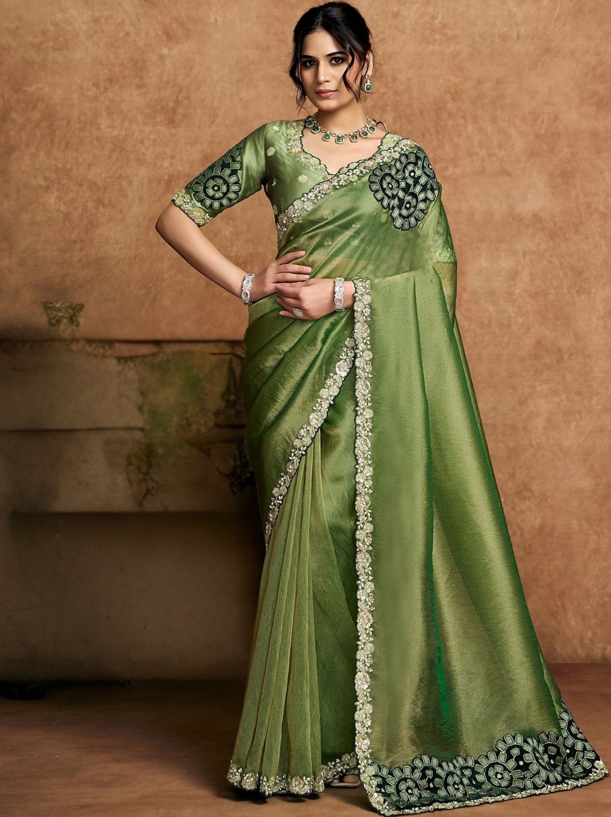 Moss Green Designer Party Wear Saree With Blouse Piece