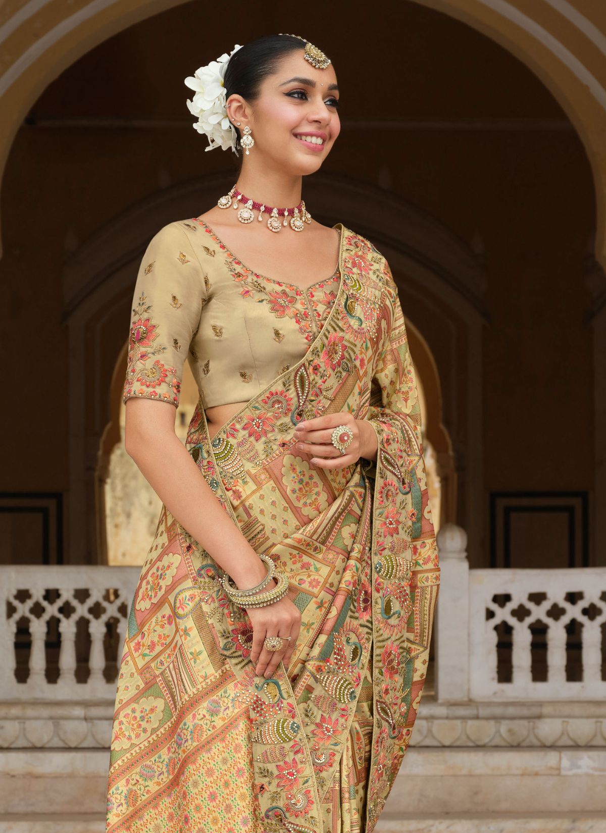 Pastel Moss Green Designer Premium Silk Saree With Hand-Embroidery - TrendOye