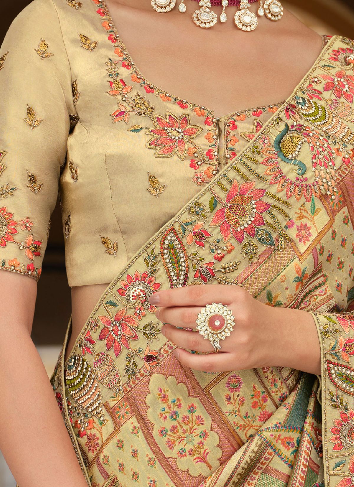 Pastel Moss Green Designer Premium Silk Saree With Hand-Embroidery - TrendOye