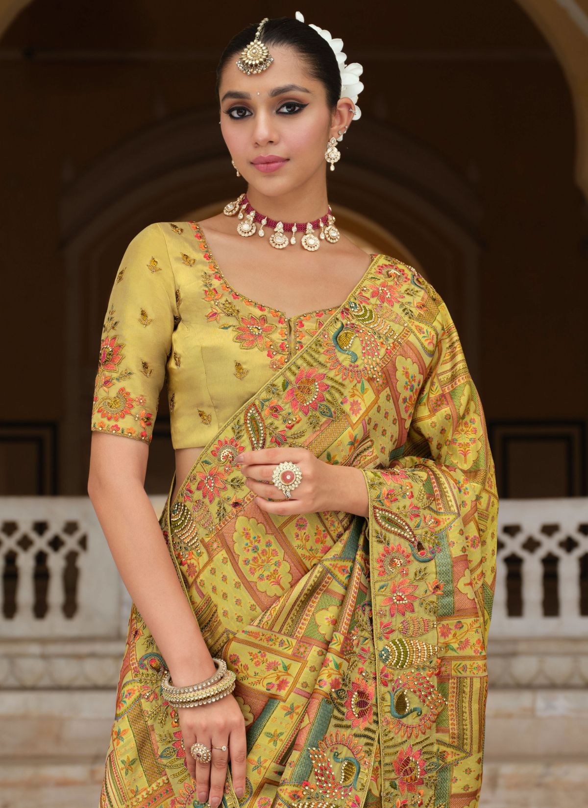 Lime Green Designer Premium Silk Saree With Hand-Embroidery - TrendOye