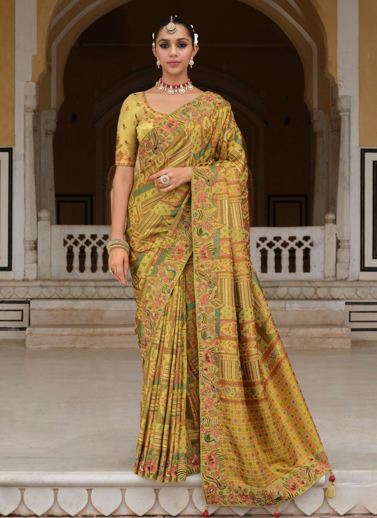 Lime Green Designer Premium Silk Saree With Hand-Embroidery - TrendOye