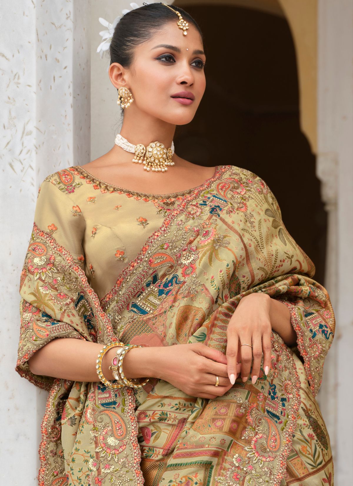 Pastel Olive Green Designer Premium Silk Saree With Heavy Work - TrendOye