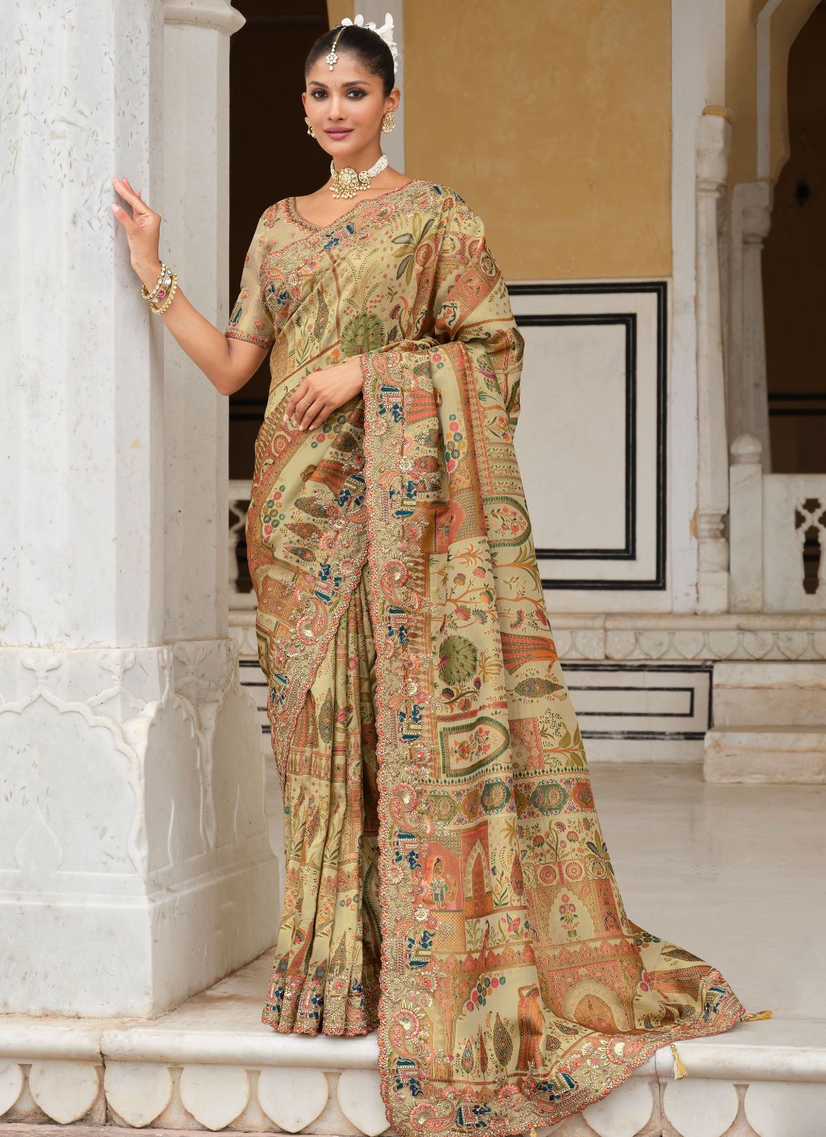 Pastel Olive Green Designer Premium Silk Saree With Heavy Work - TrendOye