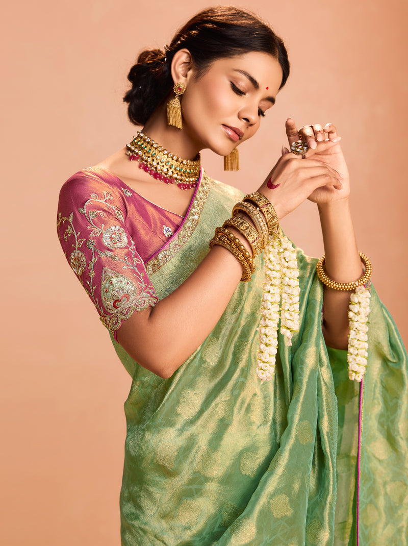 Pistachio Green Zari Tissue Silk Wedding Party Saree