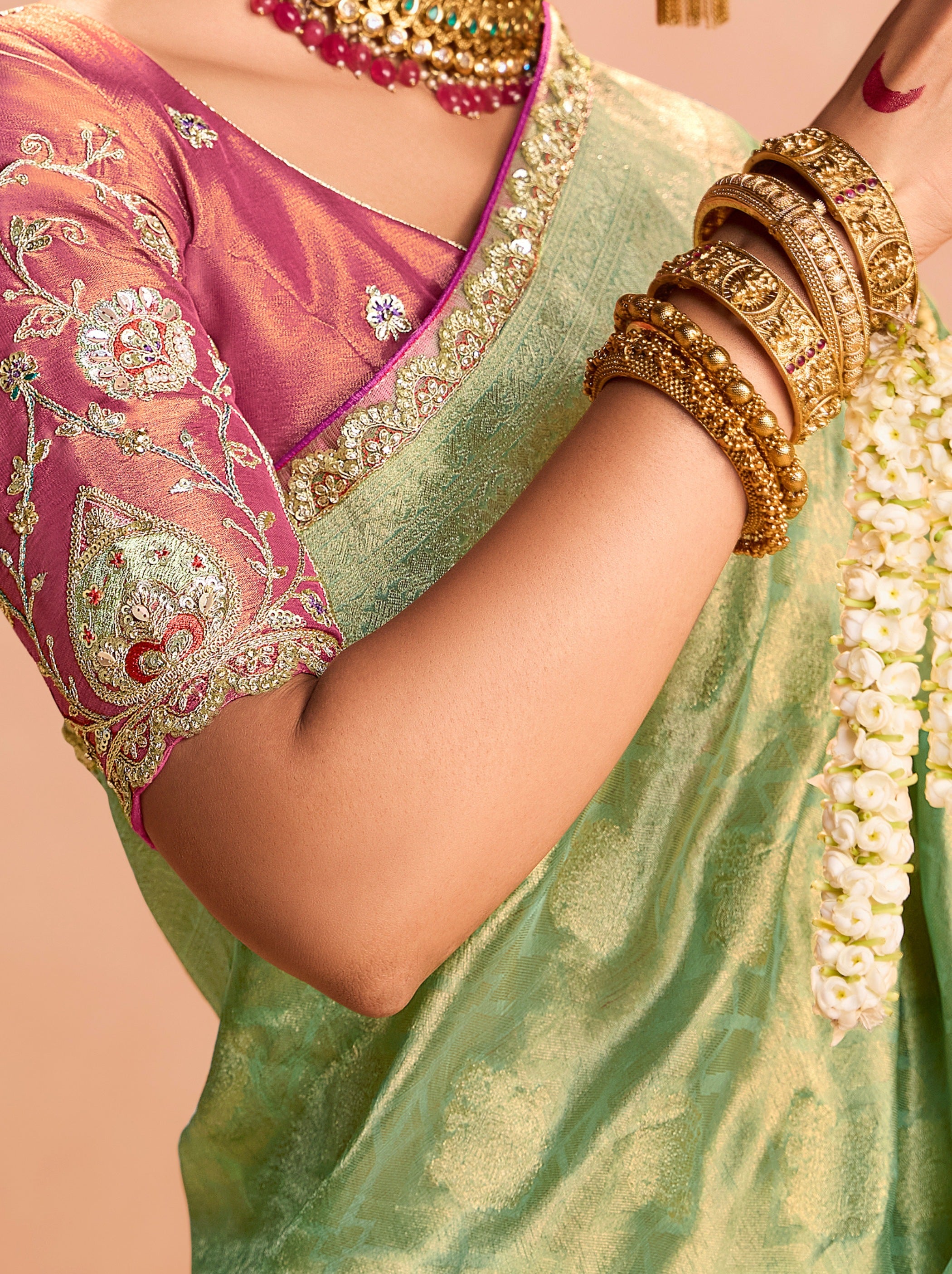 Pistachio Green Zari Tissue Silk Wedding Party Saree - TrendOye