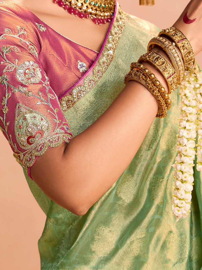 Pistachio Green Zari Tissue Silk Wedding Party Saree