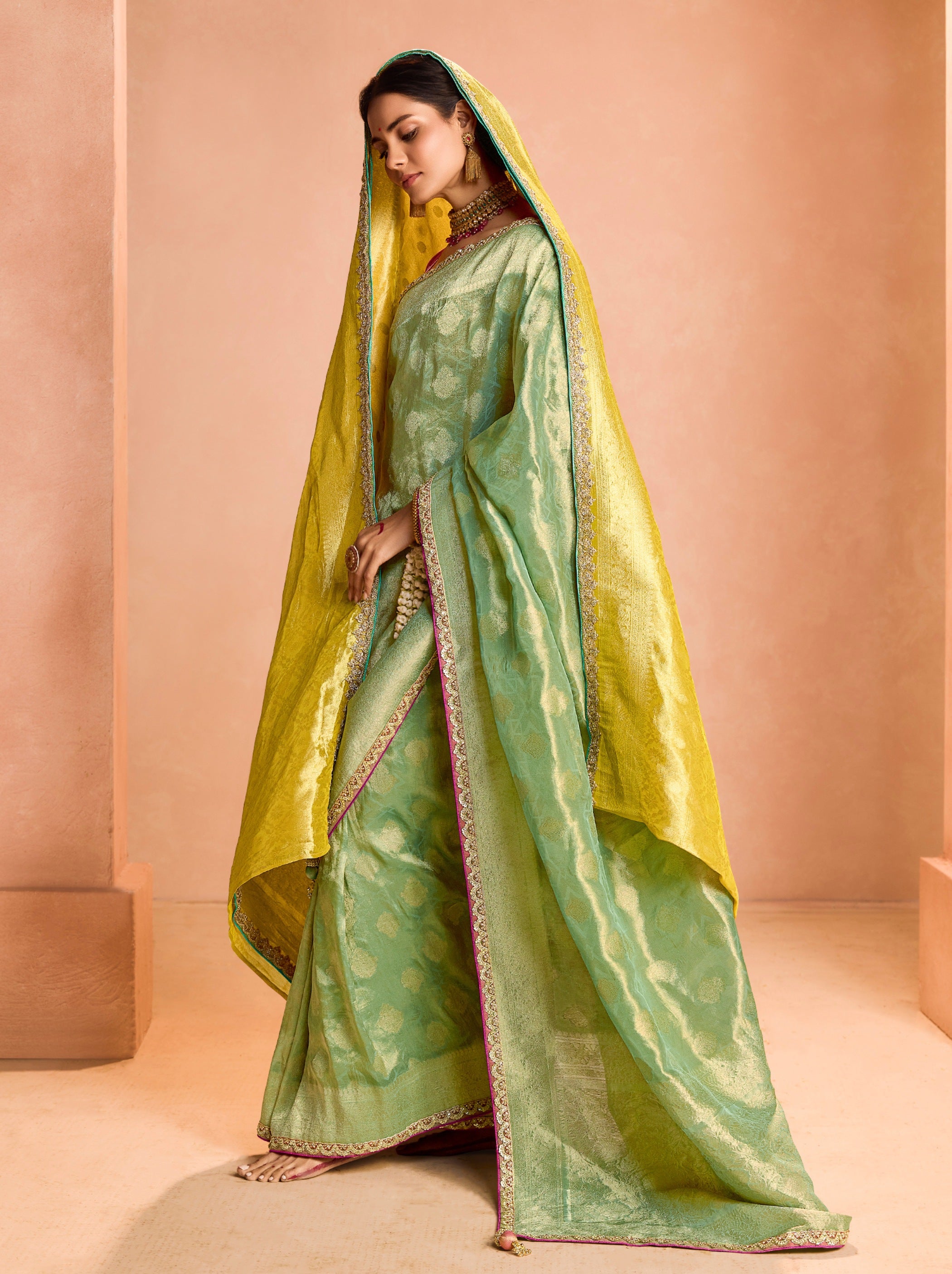 Pistachio Green Zari Tissue Silk Wedding Party Saree - TrendOye