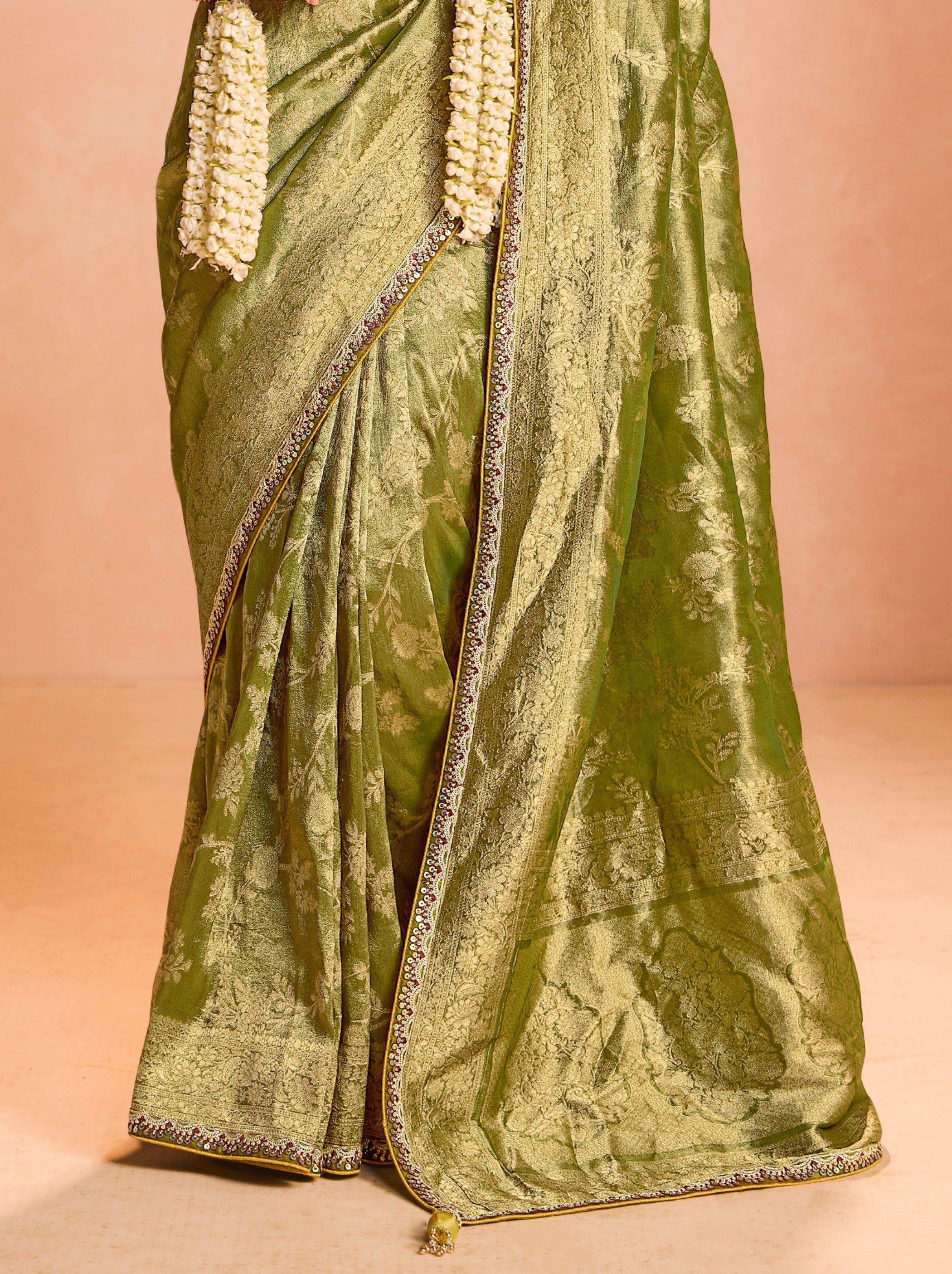 Olive Green Zari Tissue Silk Wedding Party Saree - TrendOye