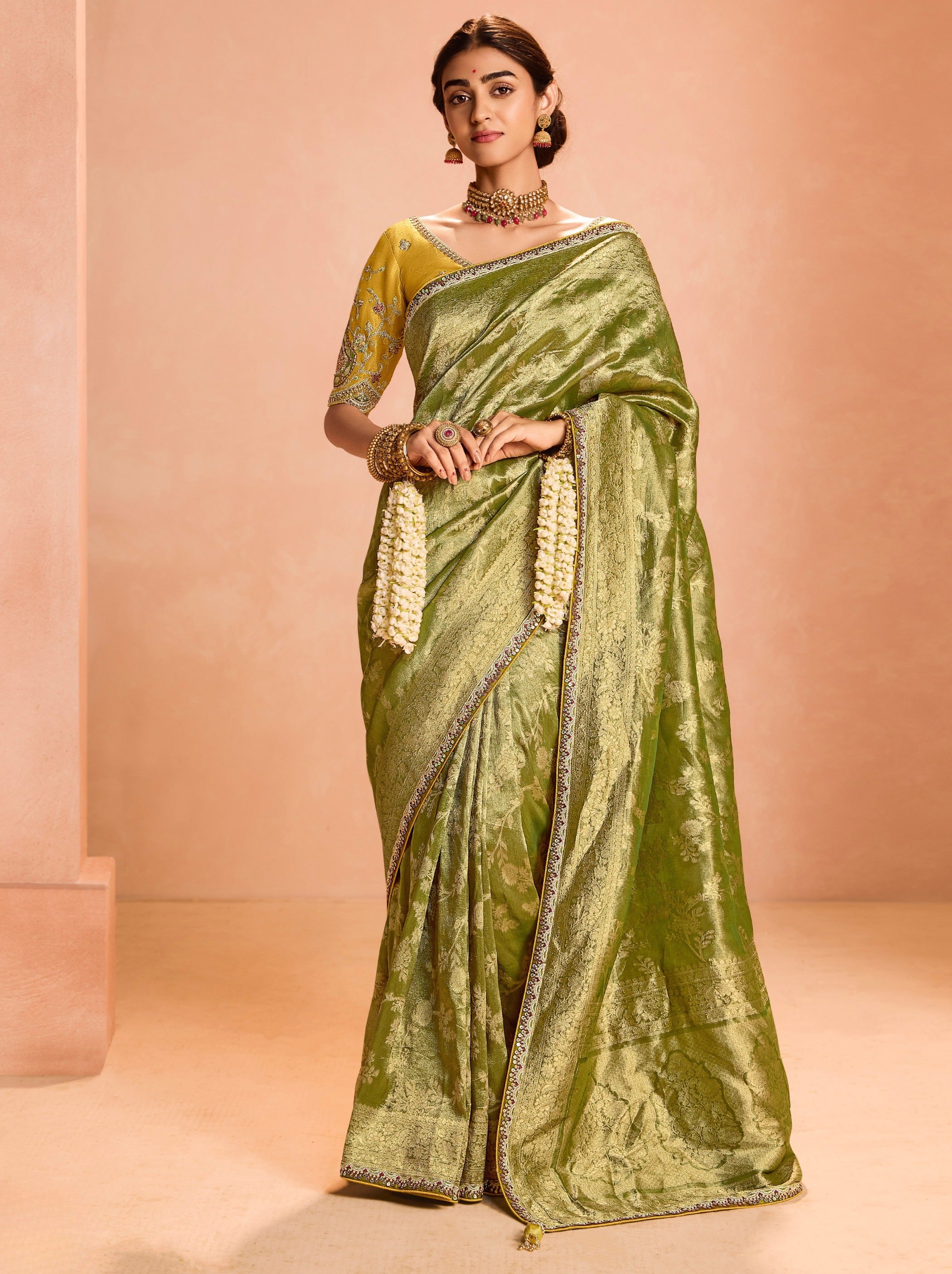 Olive Green Zari Tissue Silk Wedding Party Saree - TrendOye