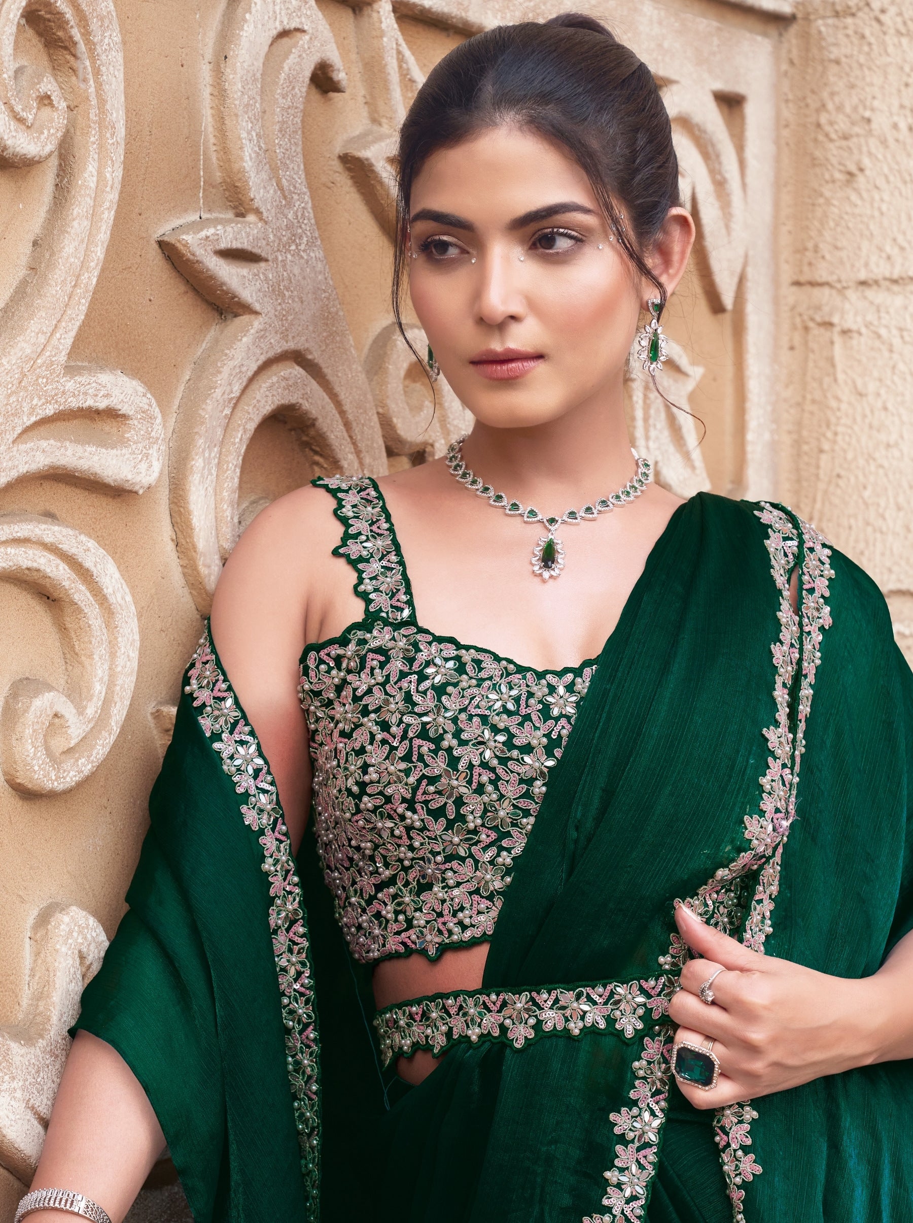Dark Green Designer Ready To Wear Saree With Stitched Blouse - TrendOye
