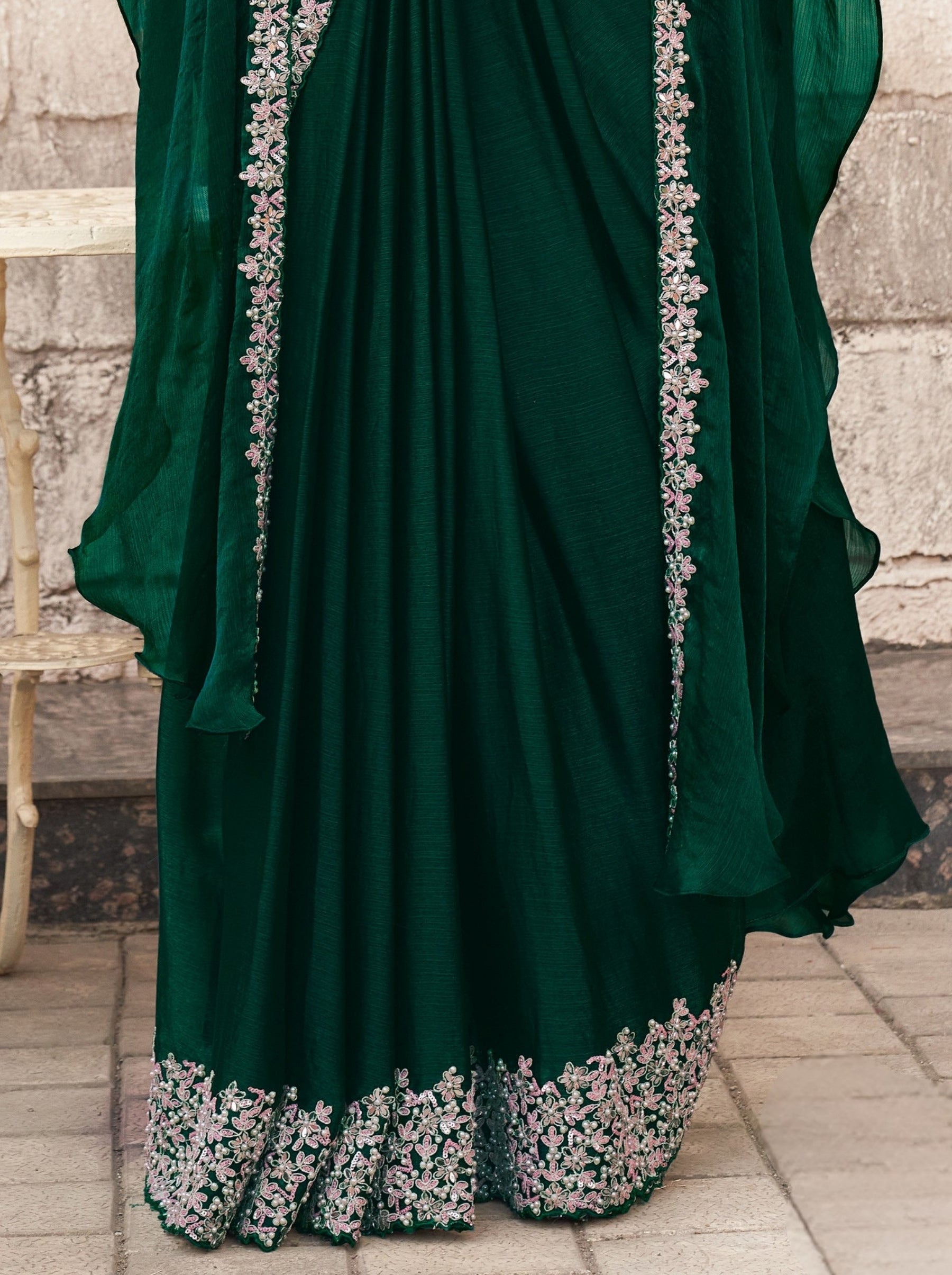 Dark Green Designer Ready To Wear Saree With Stitched Blouse - TrendOye