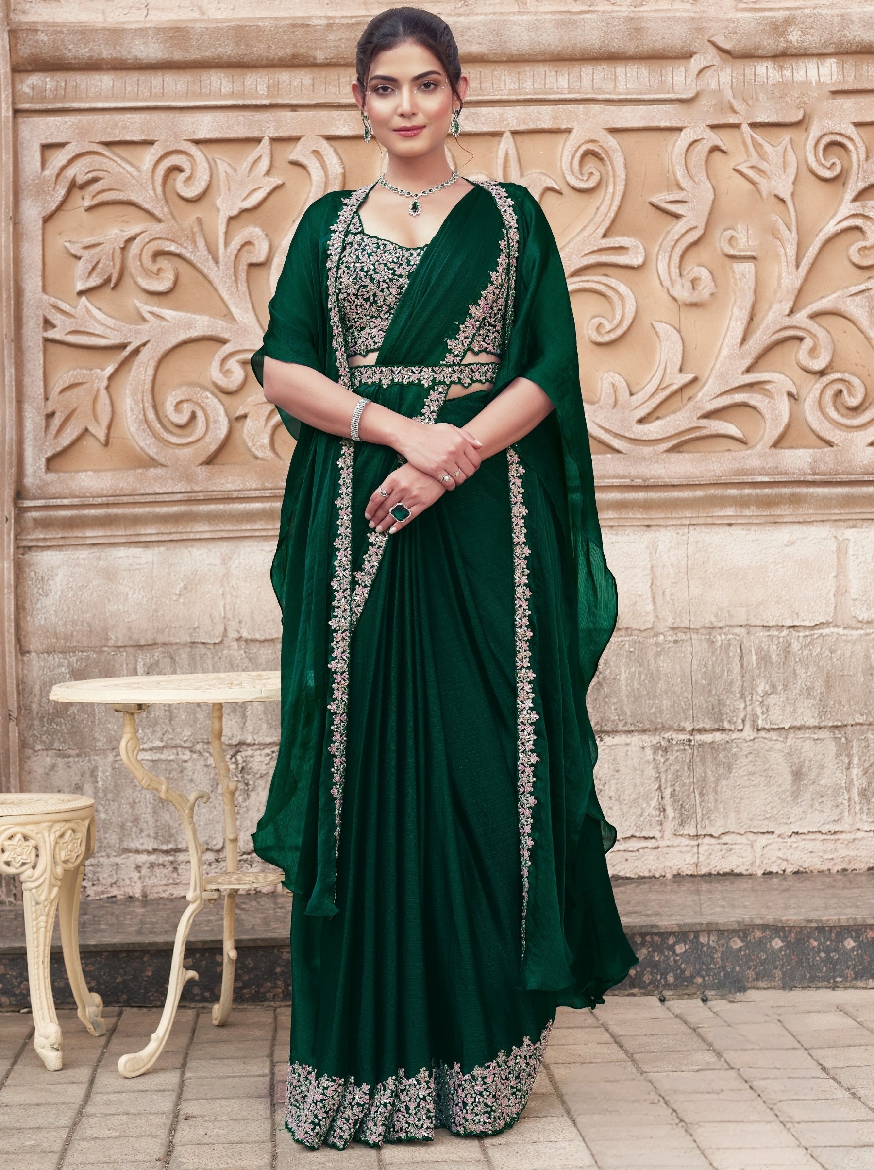 Dark Green Designer Ready To Wear Saree With Stitched Blouse