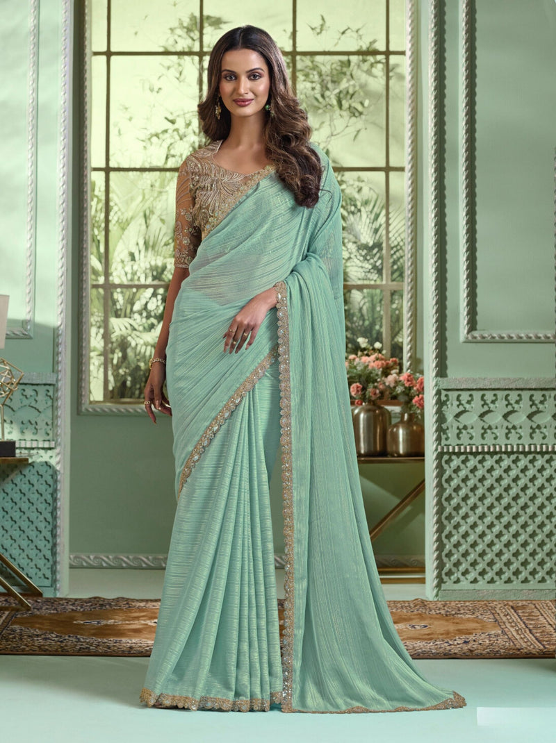 Turquoise Green Premium Fancy Fabric Designer Wedding Party Saree - TrendOye