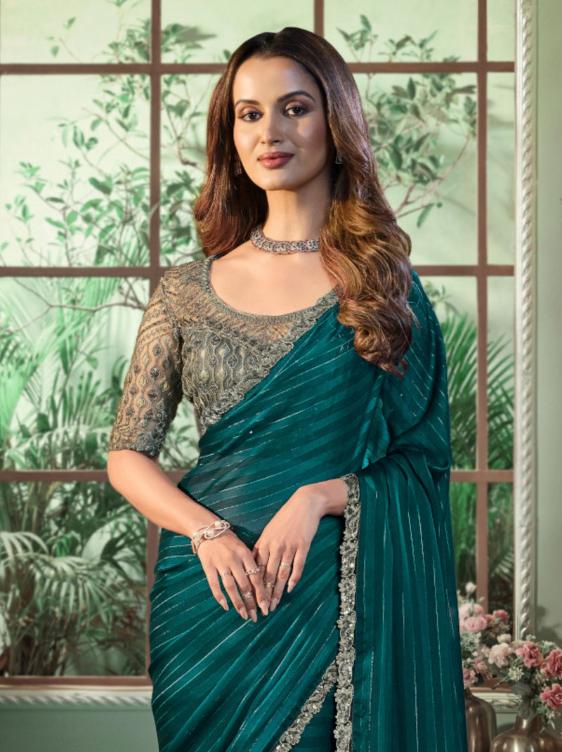 Midnight Green Premium Fancy Fabric Designer Wedding Party Saree